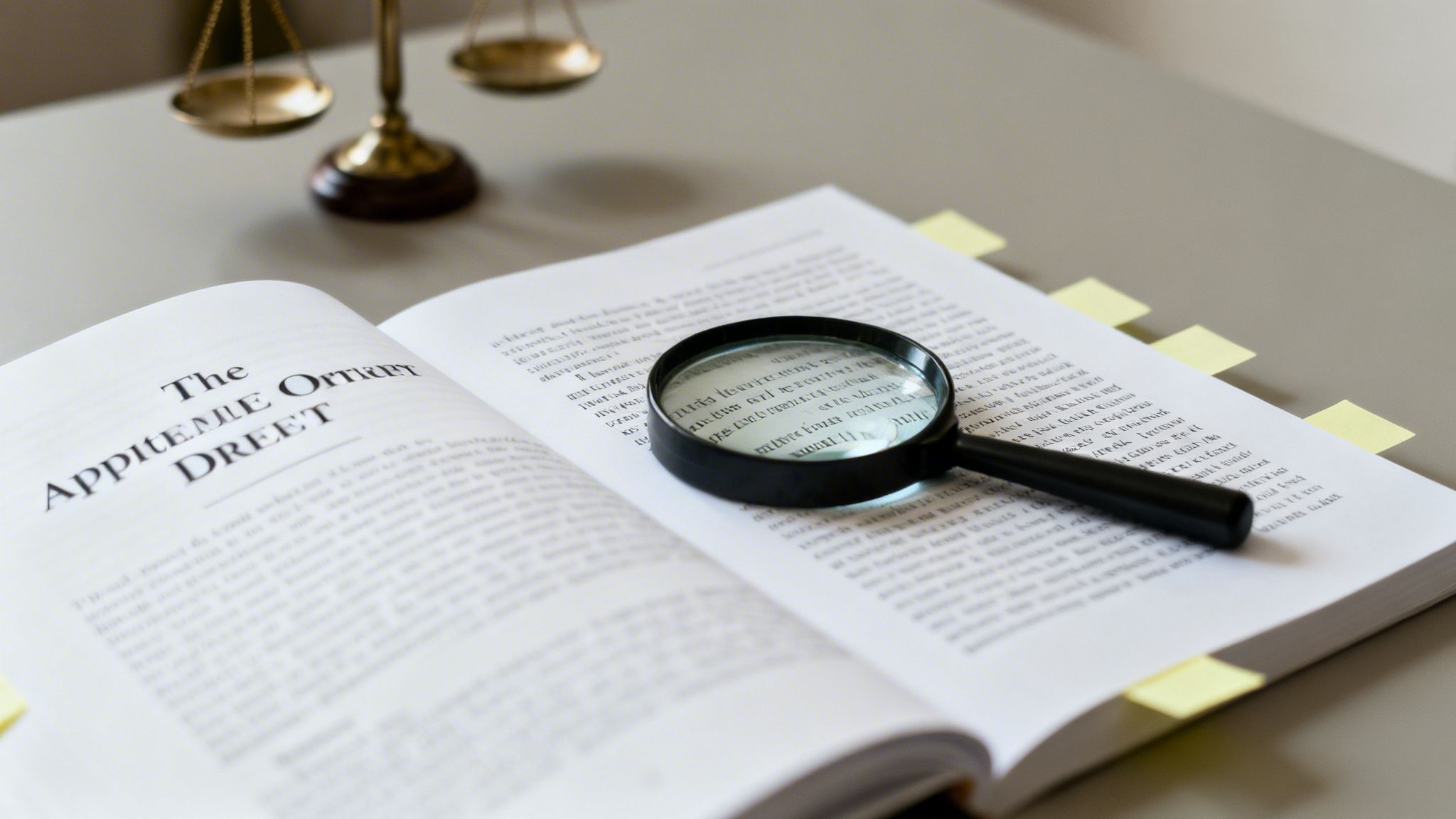 An open law book with a magnifying glass on its pages, next to brass scales of justice.