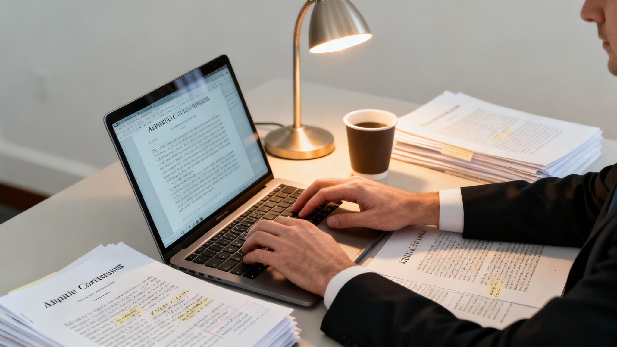 A professional person in a suit types on a laptop, surrounded by legal documents and a coffee cup.