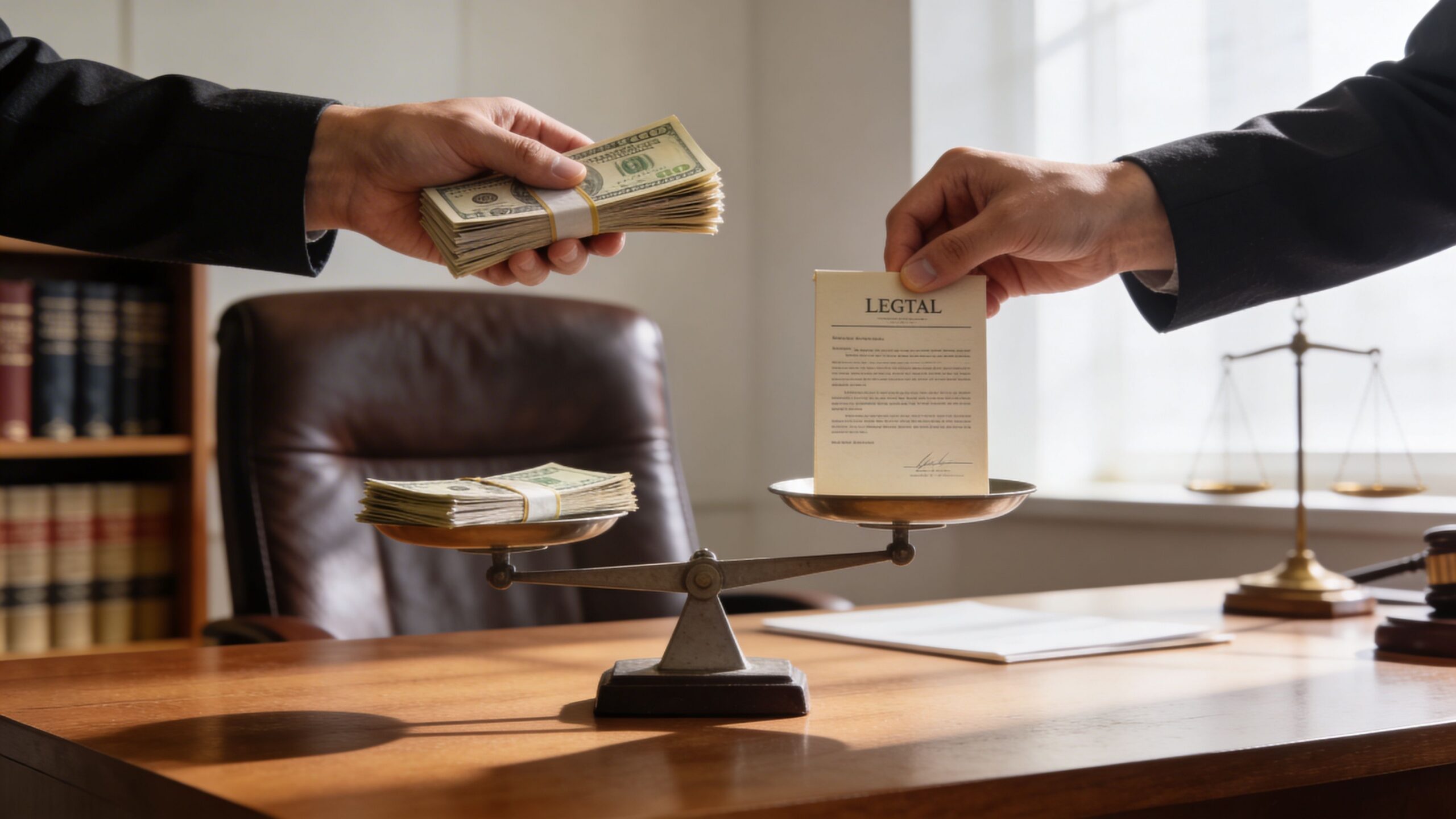 A conceptual image showing money and legal documents balancing on a scale of justice in an office.