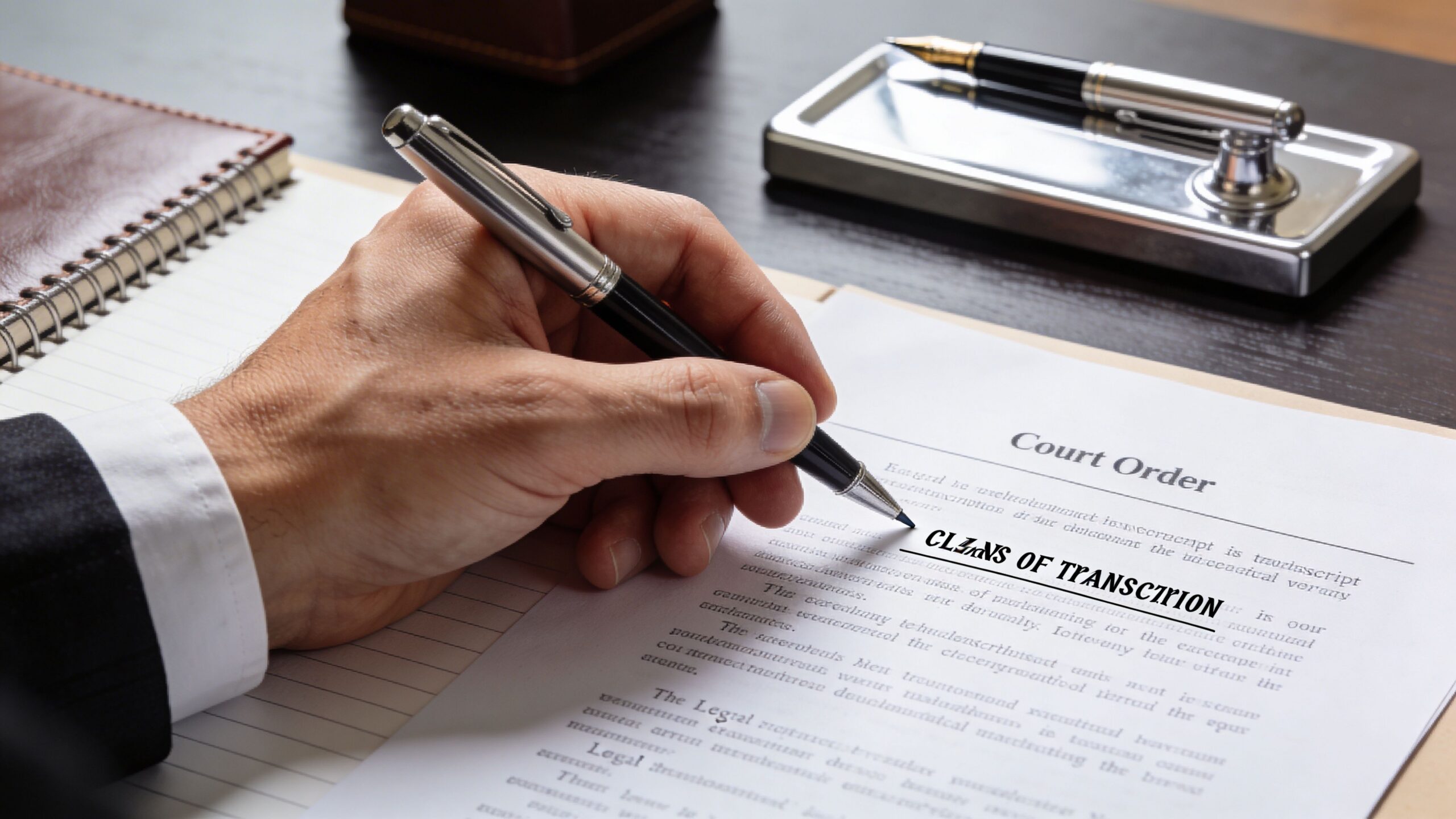 A professional in a suit signs a court order document concerning child support transcription on a desk.