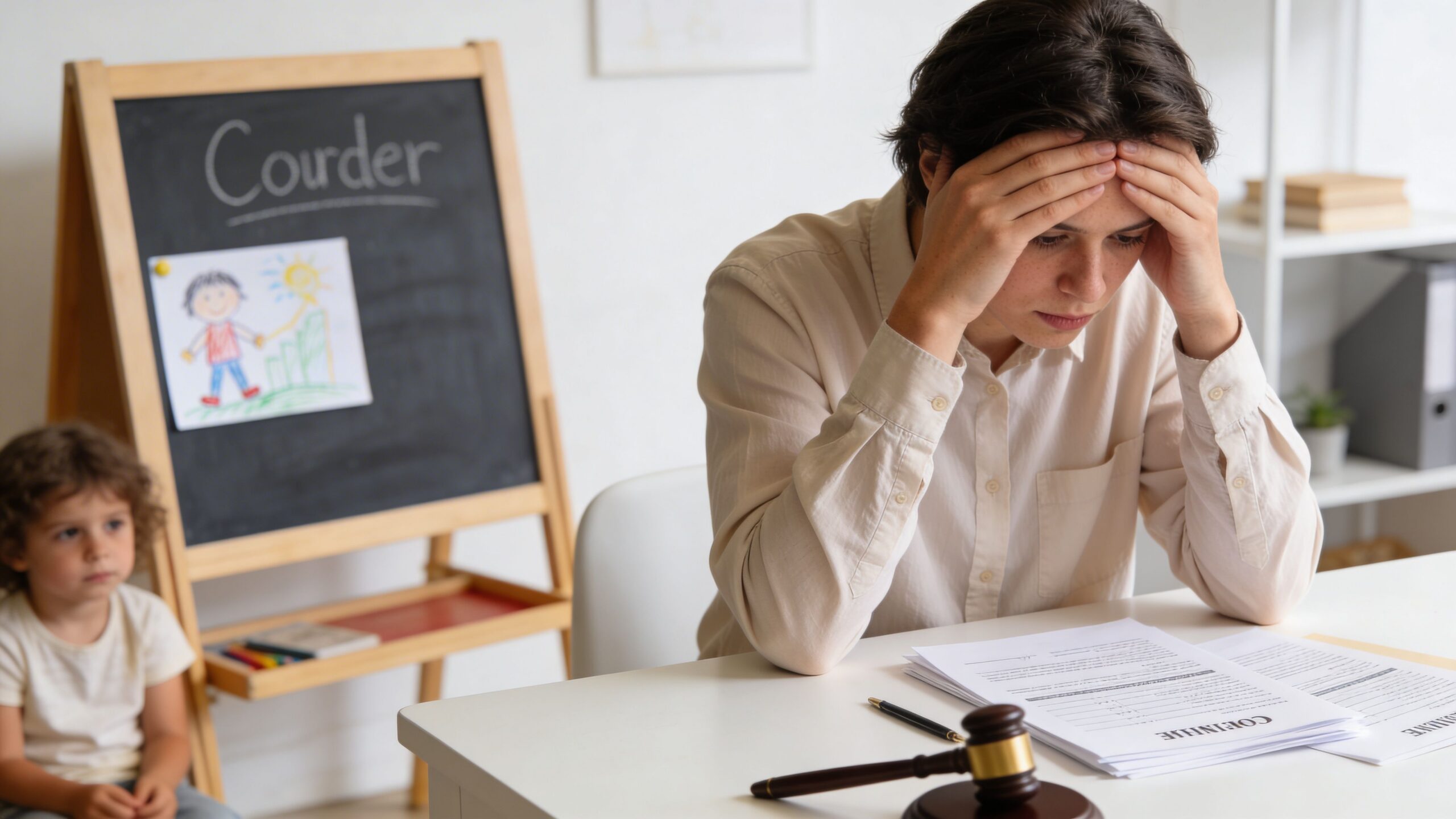 A distressed woman sits at a desk with legal papers and a gavel while a child watches