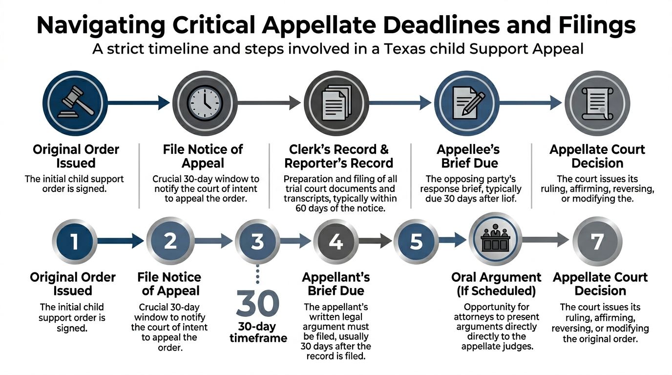 A flowchart infographic outlining the critical steps and timelines for a Texas child support appeal process.