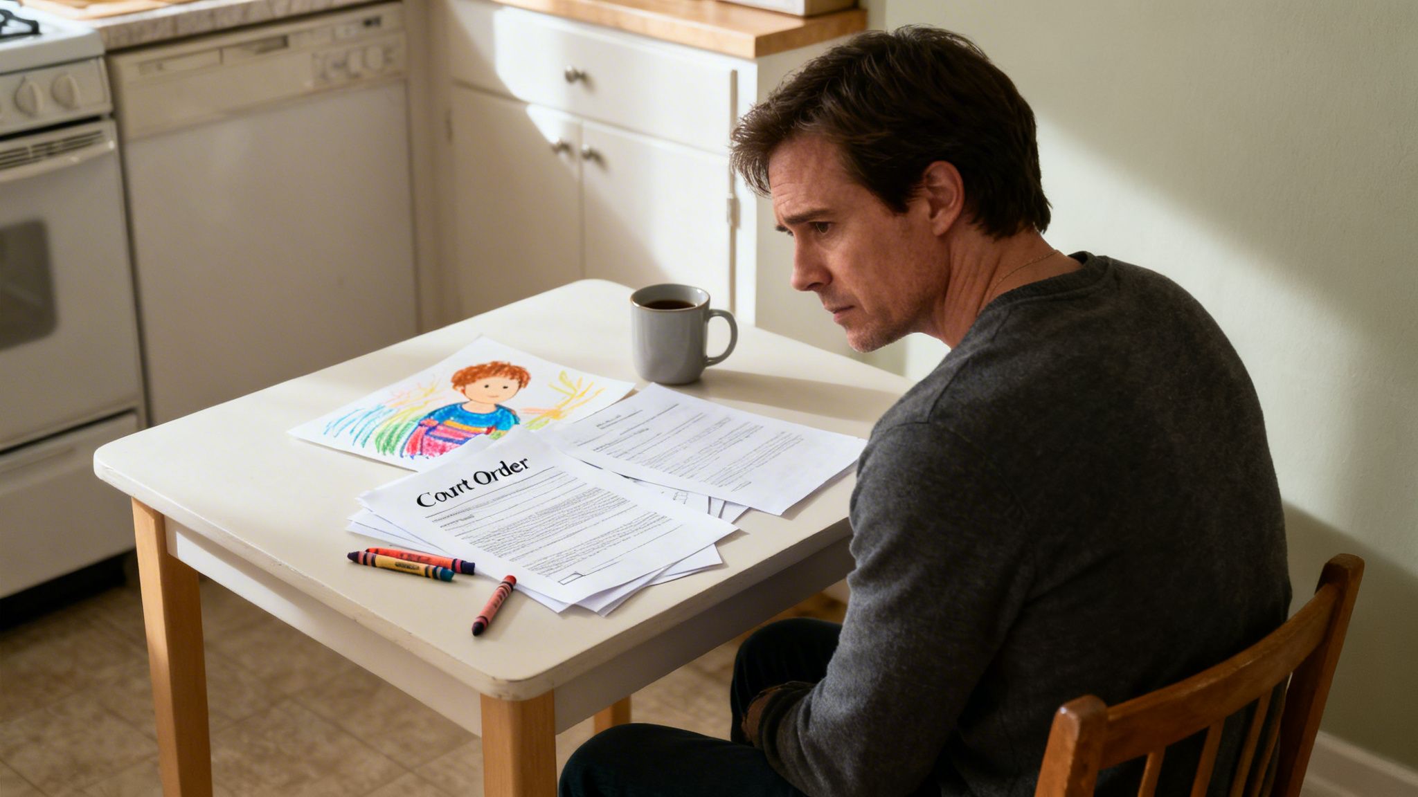 A pensive man reviews court order papers next to a child's drawing and crayons on a table.