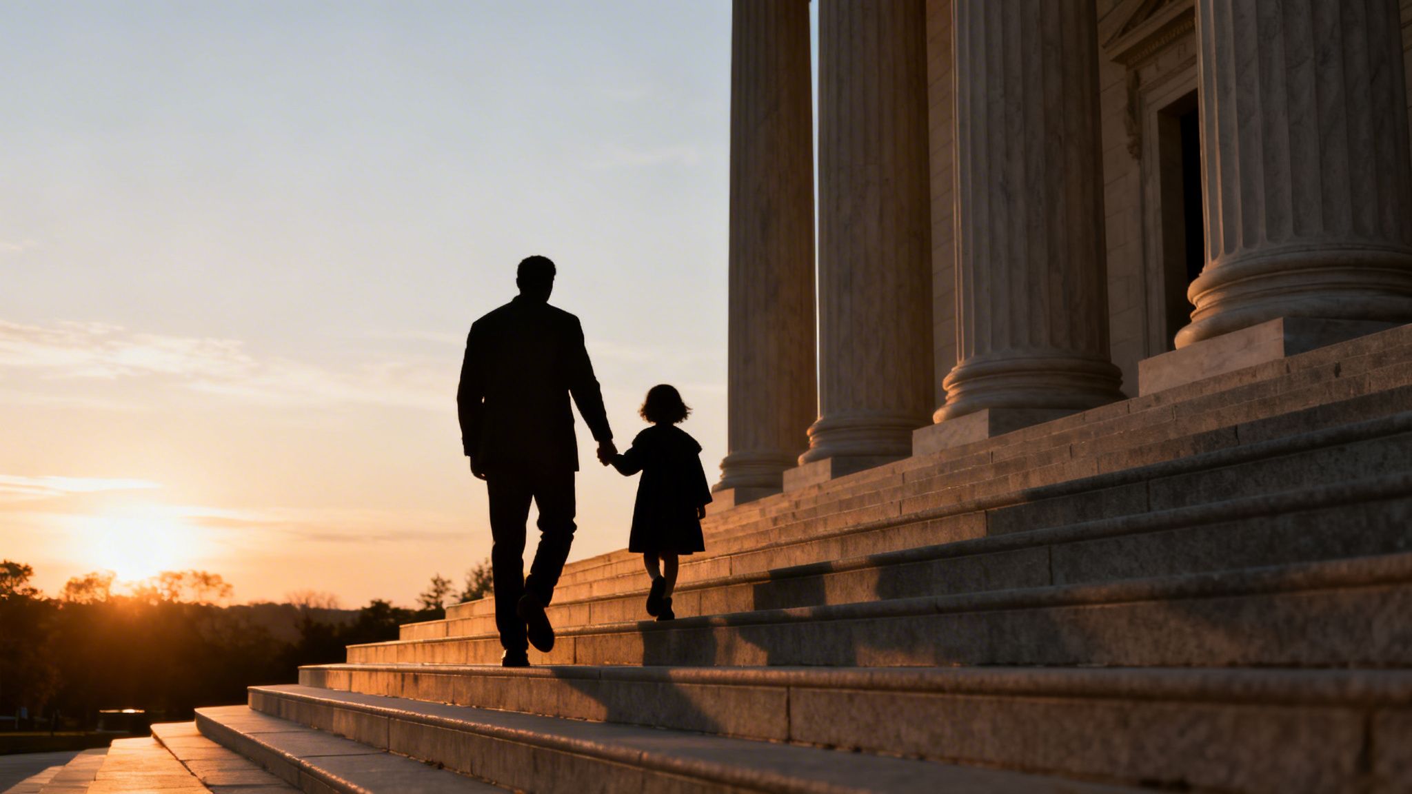Silhouette of a man and child holding hands, walking up courthouse steps at sunset.