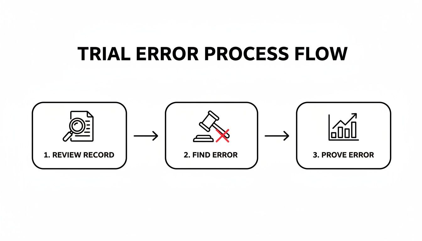 A three-step process flow illustrating how to review, find, and prove an error.