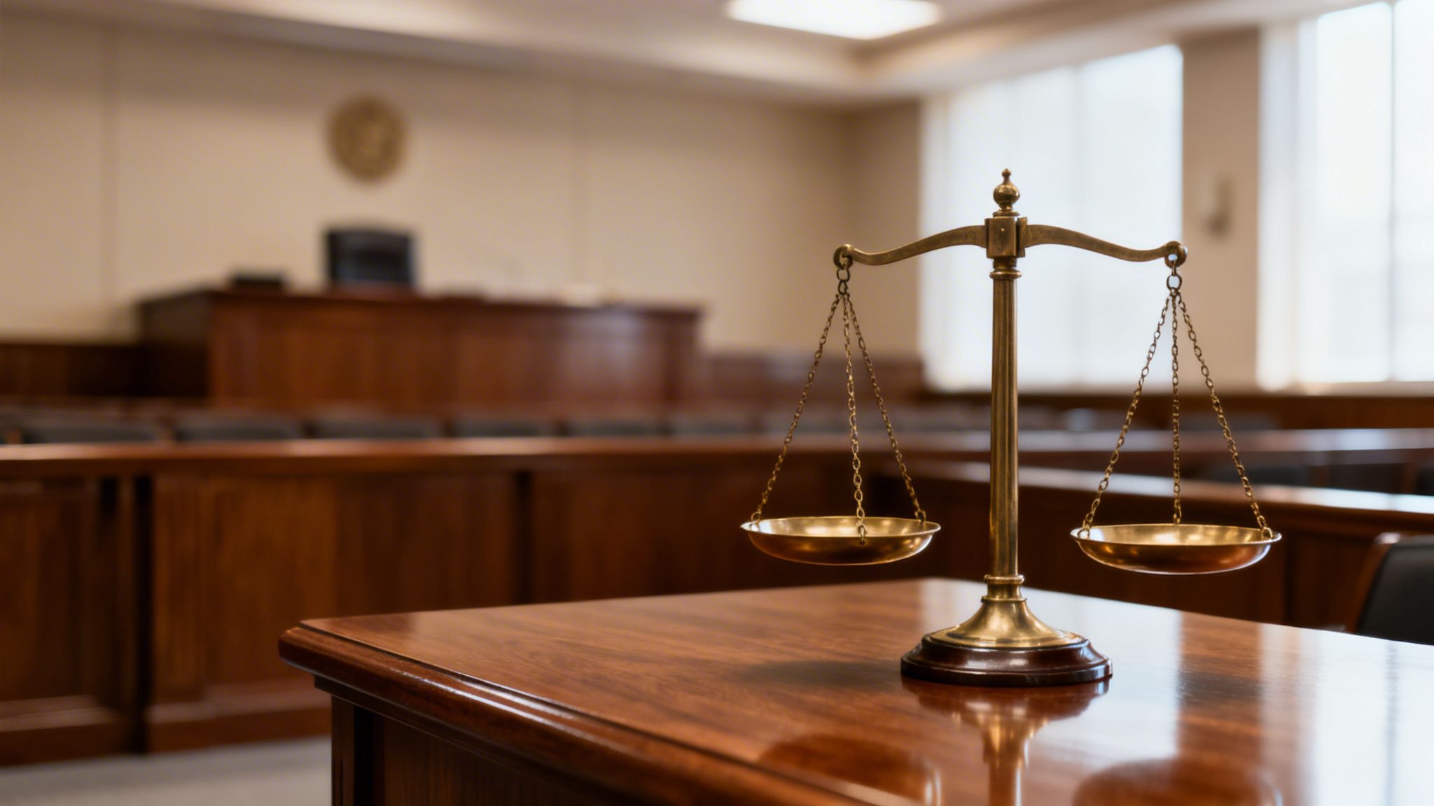 Golden scales of justice on a polished wooden table in a blurred courtroom setting.