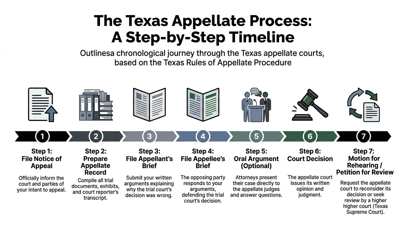 A seven-step timeline infographic outlining the chronological legal process for filing an appeal in Texas courts.