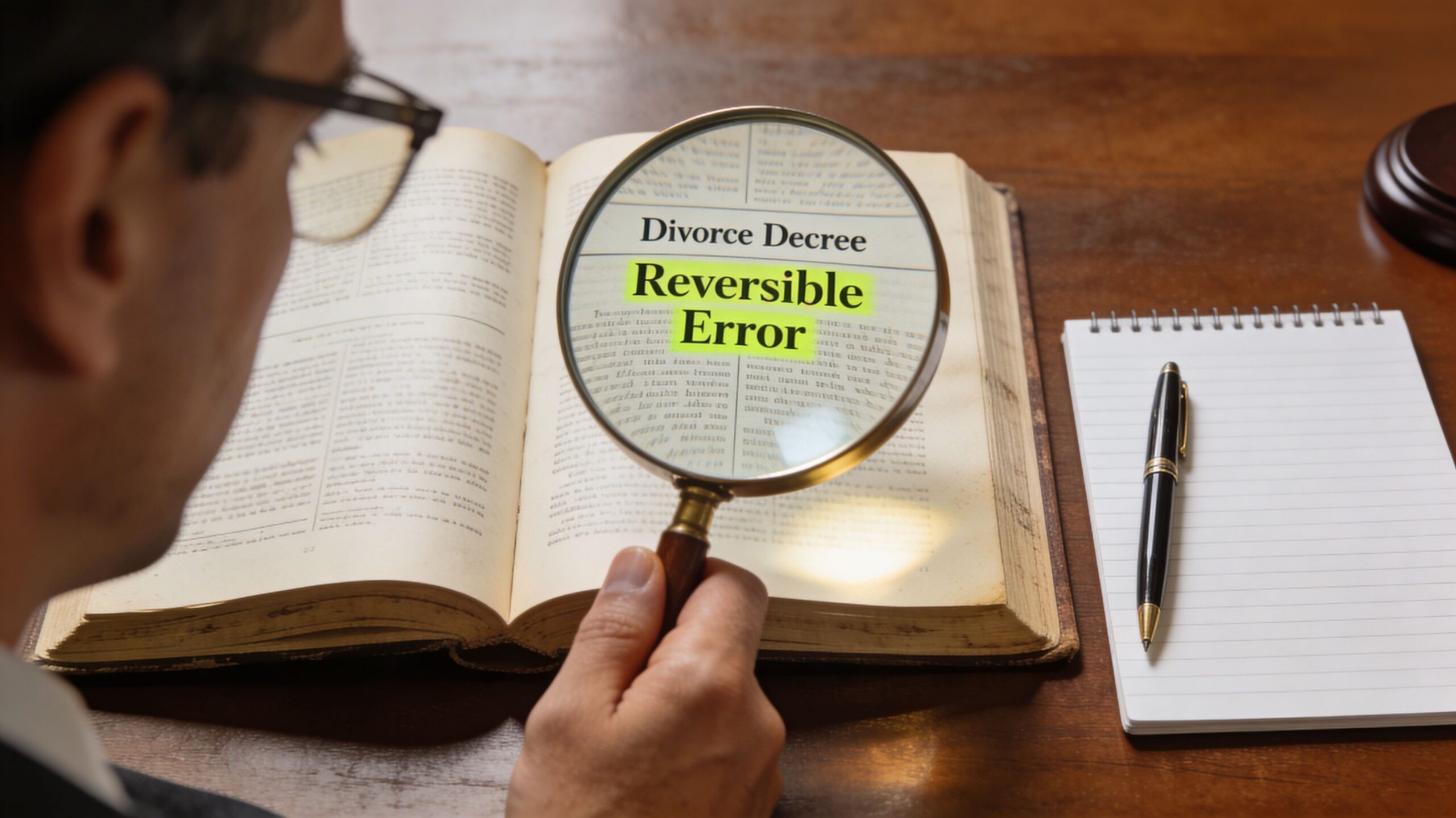 A man examines a book with a magnifying glass focused on the words Reversible Error in a document.