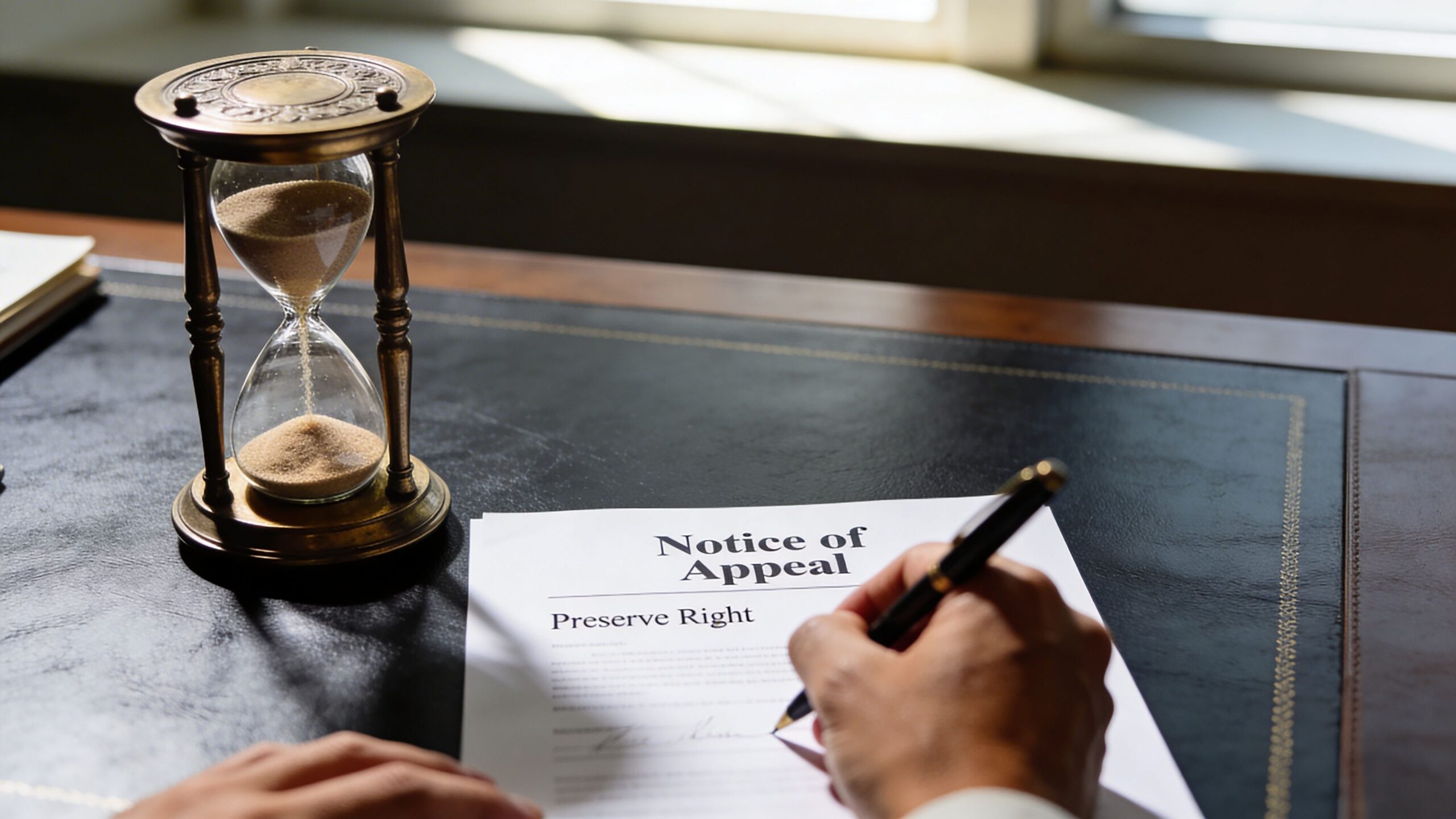 A person signing a legal notice of appeal document next to an antique hourglass on a desk.