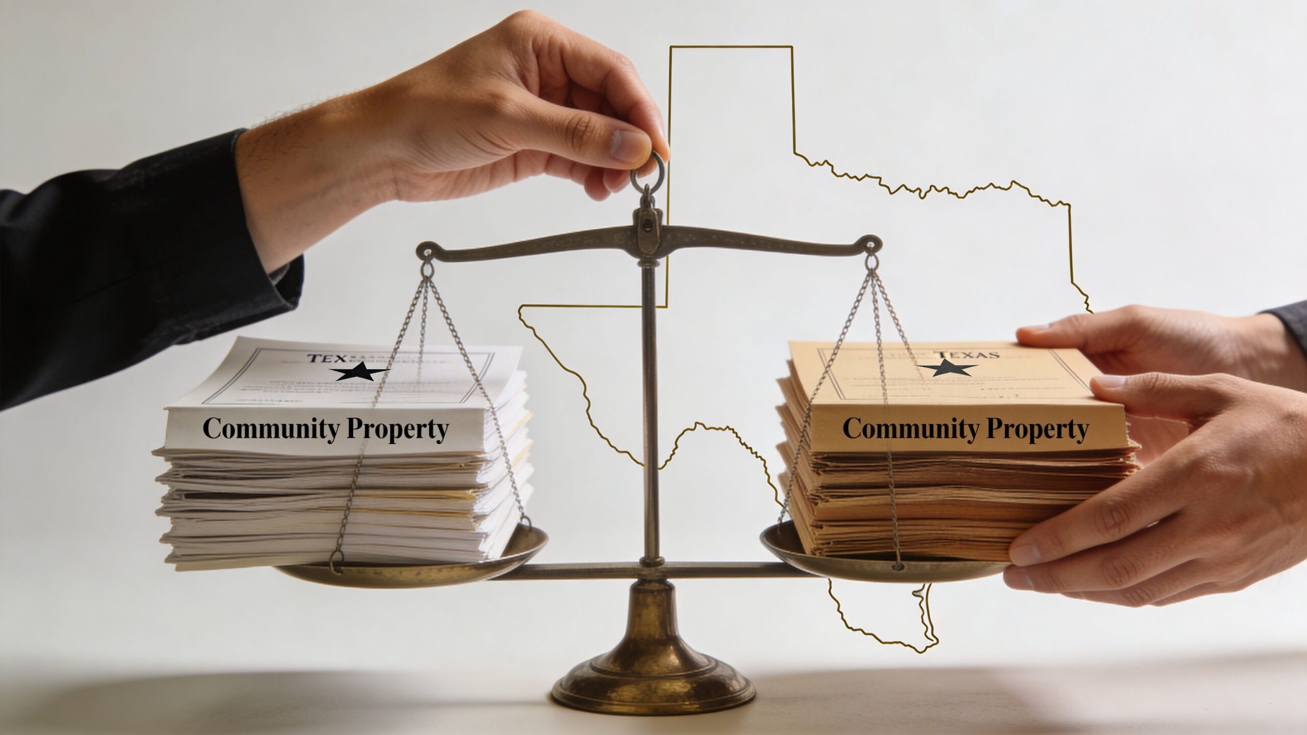 A conceptual image showing a balance scale weighing stacks of Community Property documents with a Texas map outline.