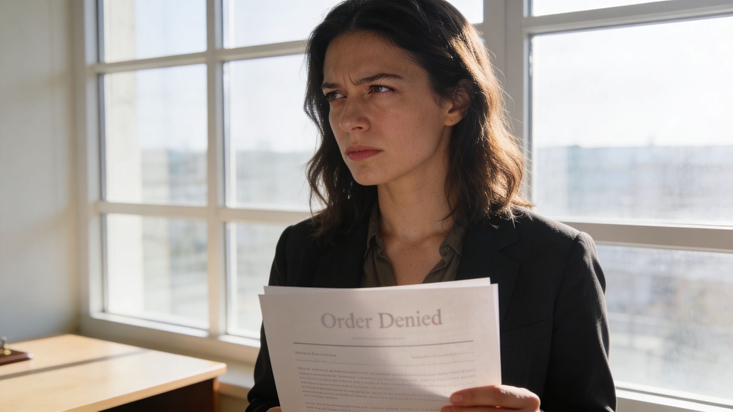 A concerned woman in professional attire holding a document with the heading Order Denied in an office.