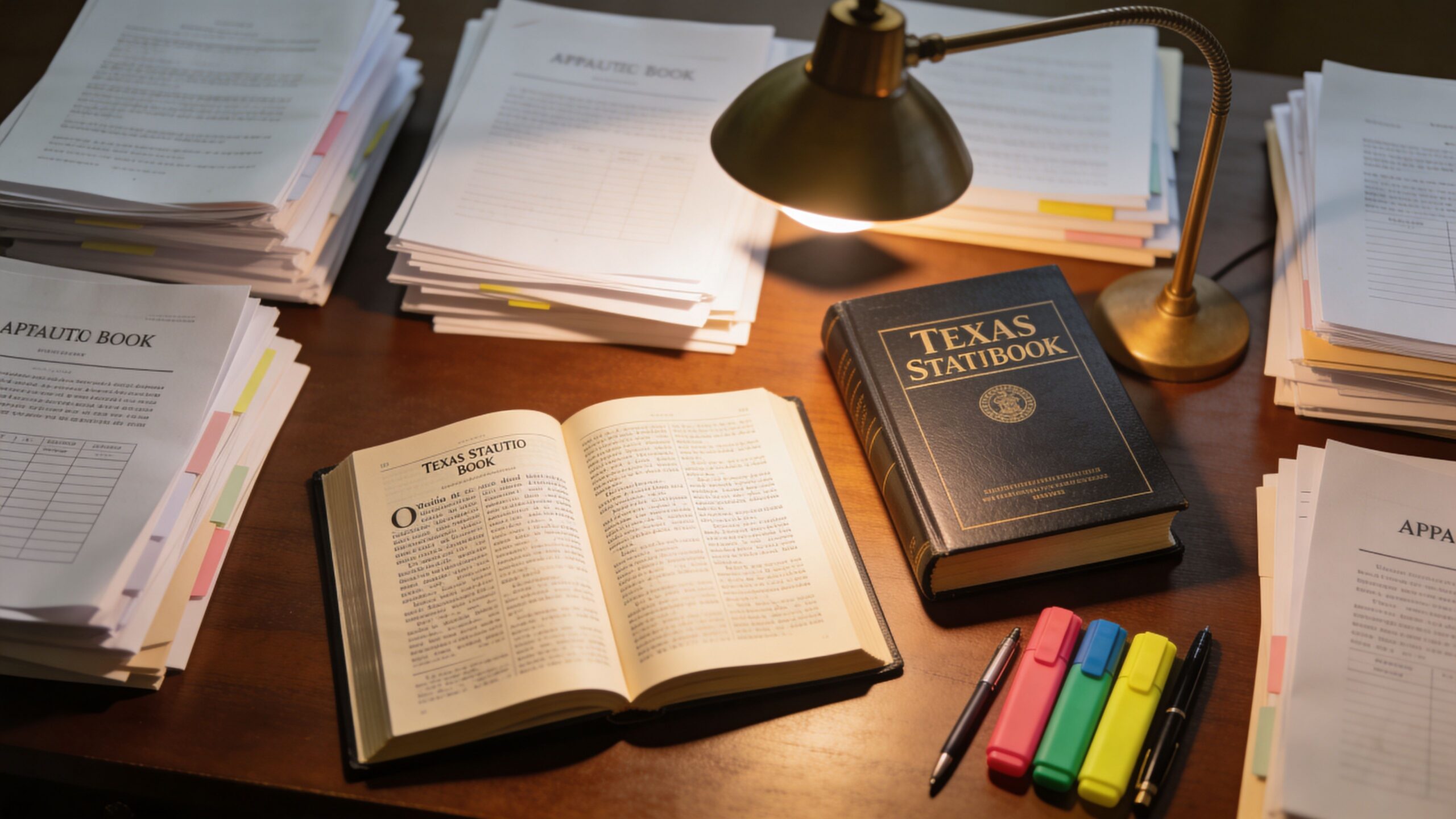 An open legal book on a desk surrounded by piles of documents and highlighting pens under a lamp.