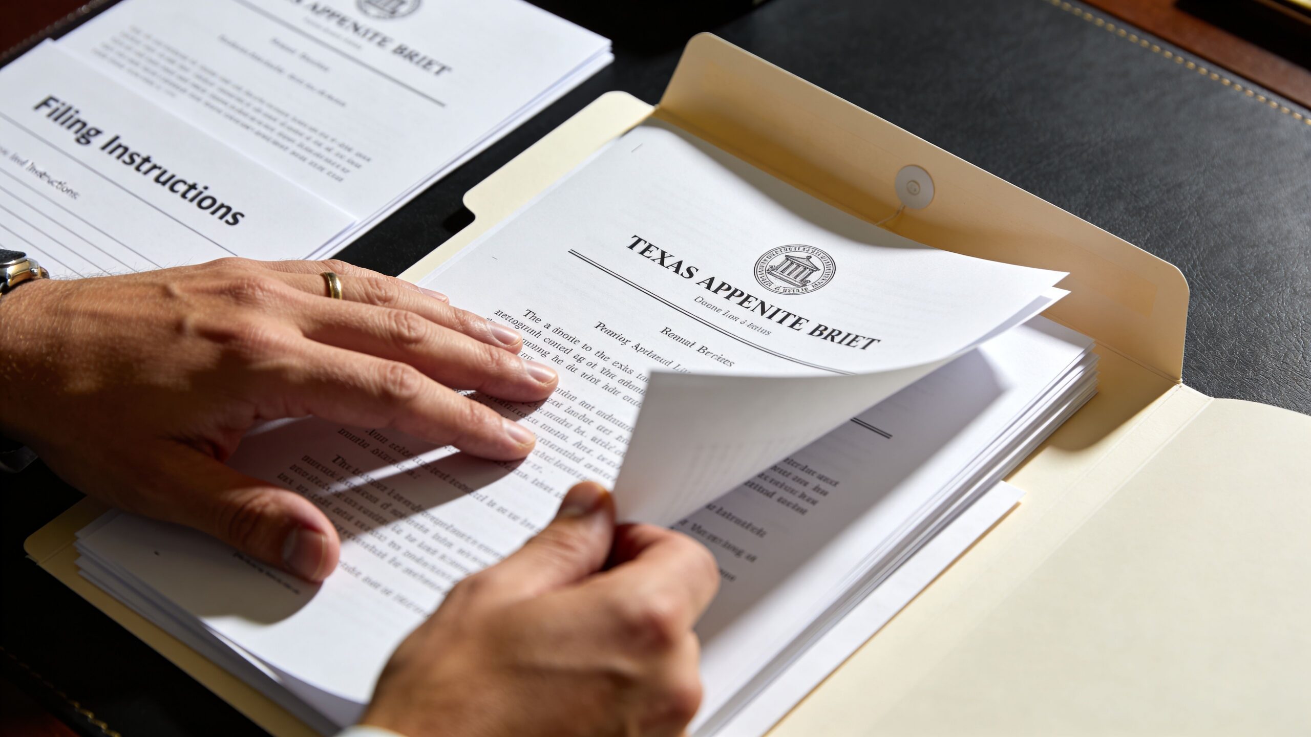 A person reviews documents labeled Texas Appenite Brier inside a manila folder on a desk.