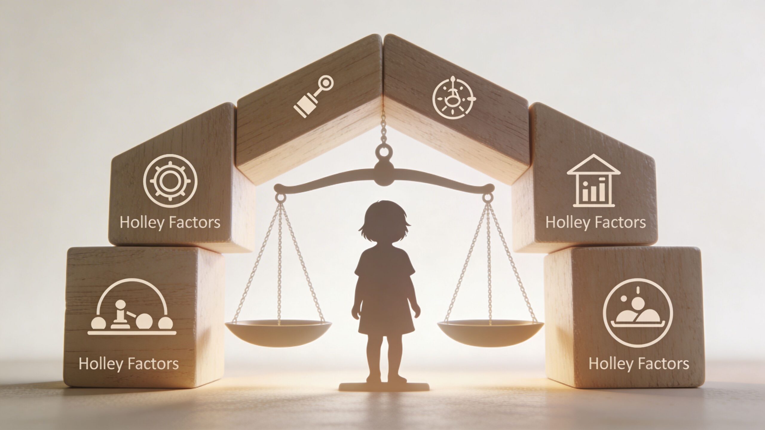 A conceptual image showing a silhouette of a child standing under scales representing legal best interest factors.