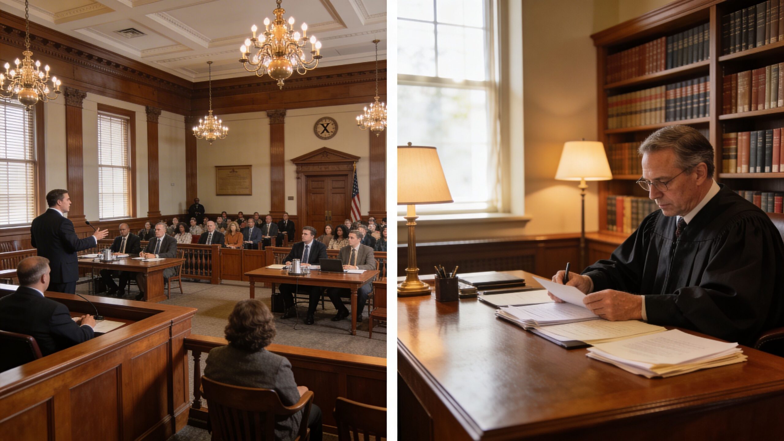 A split screen showing a formal courtroom setting with a lawyer speaking and a judge working in chambers.