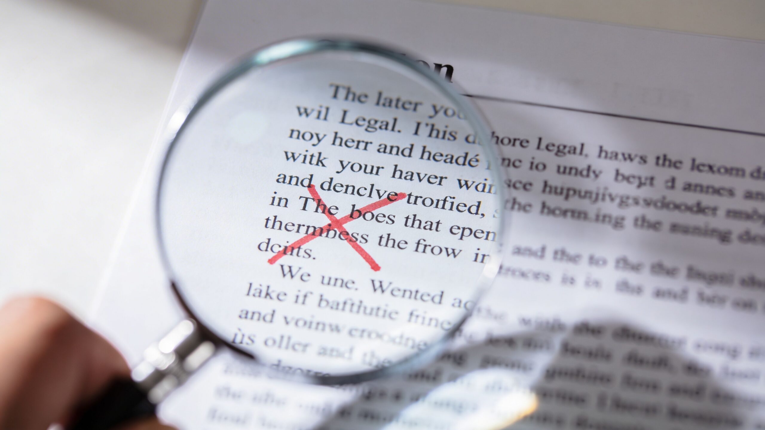 A magnifying glass focused on a legal document marked with a red handwritten cross symbol