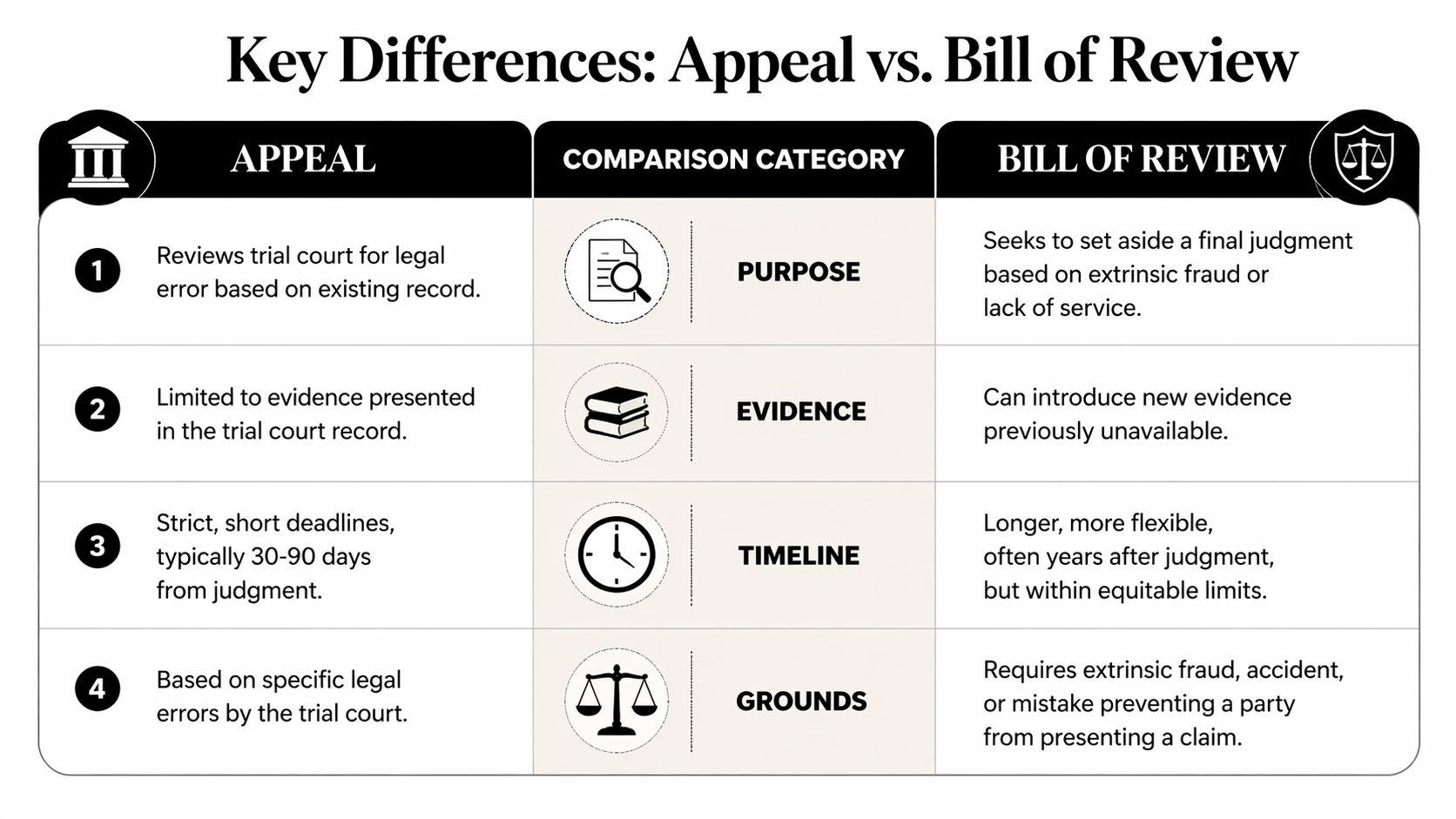 A comparison table outlining the key differences between an appeal and a bill of review in law.