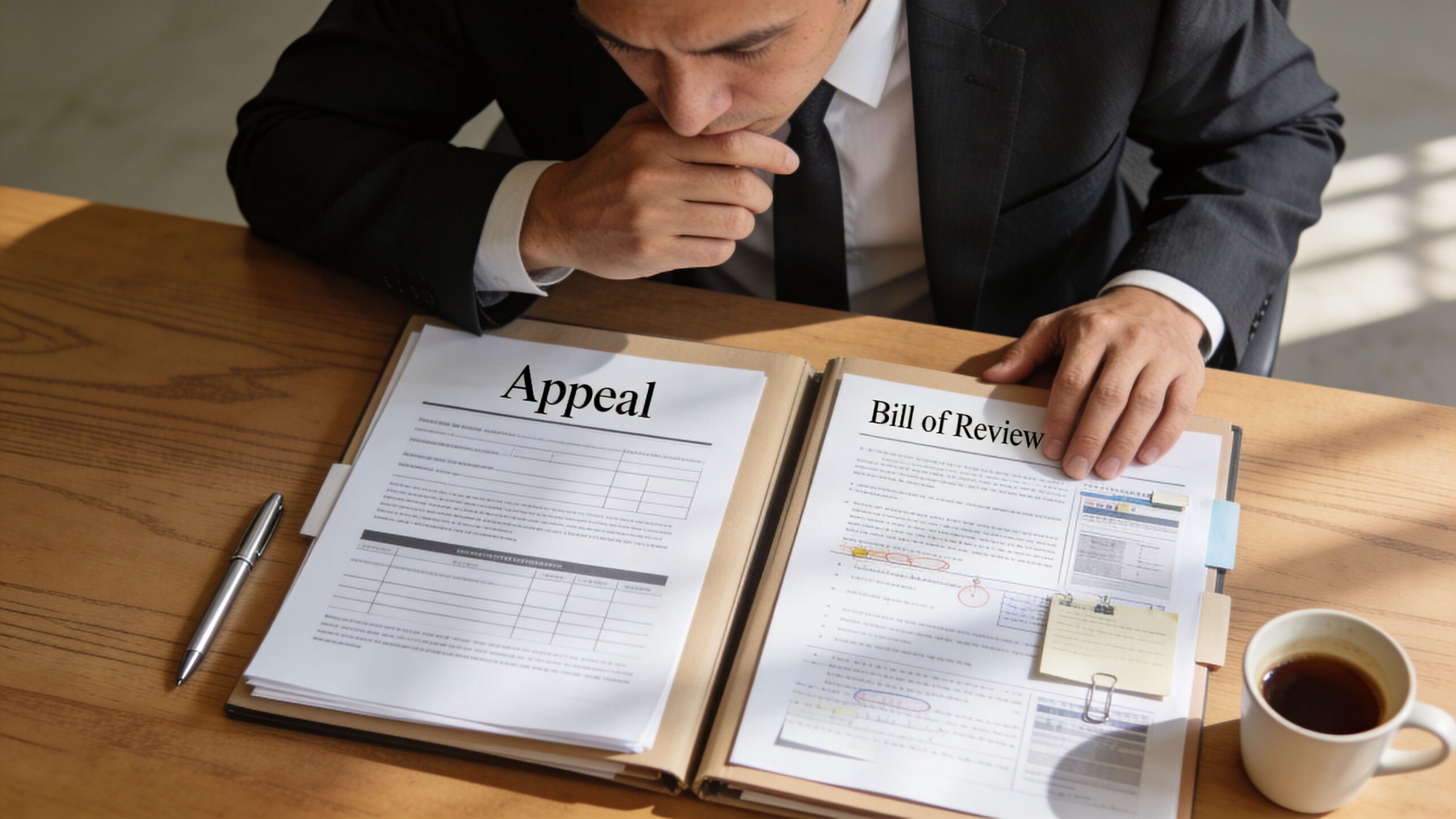 A professional in a suit reviewing legal documents labeled Appeal and Bill of Review on a desk.