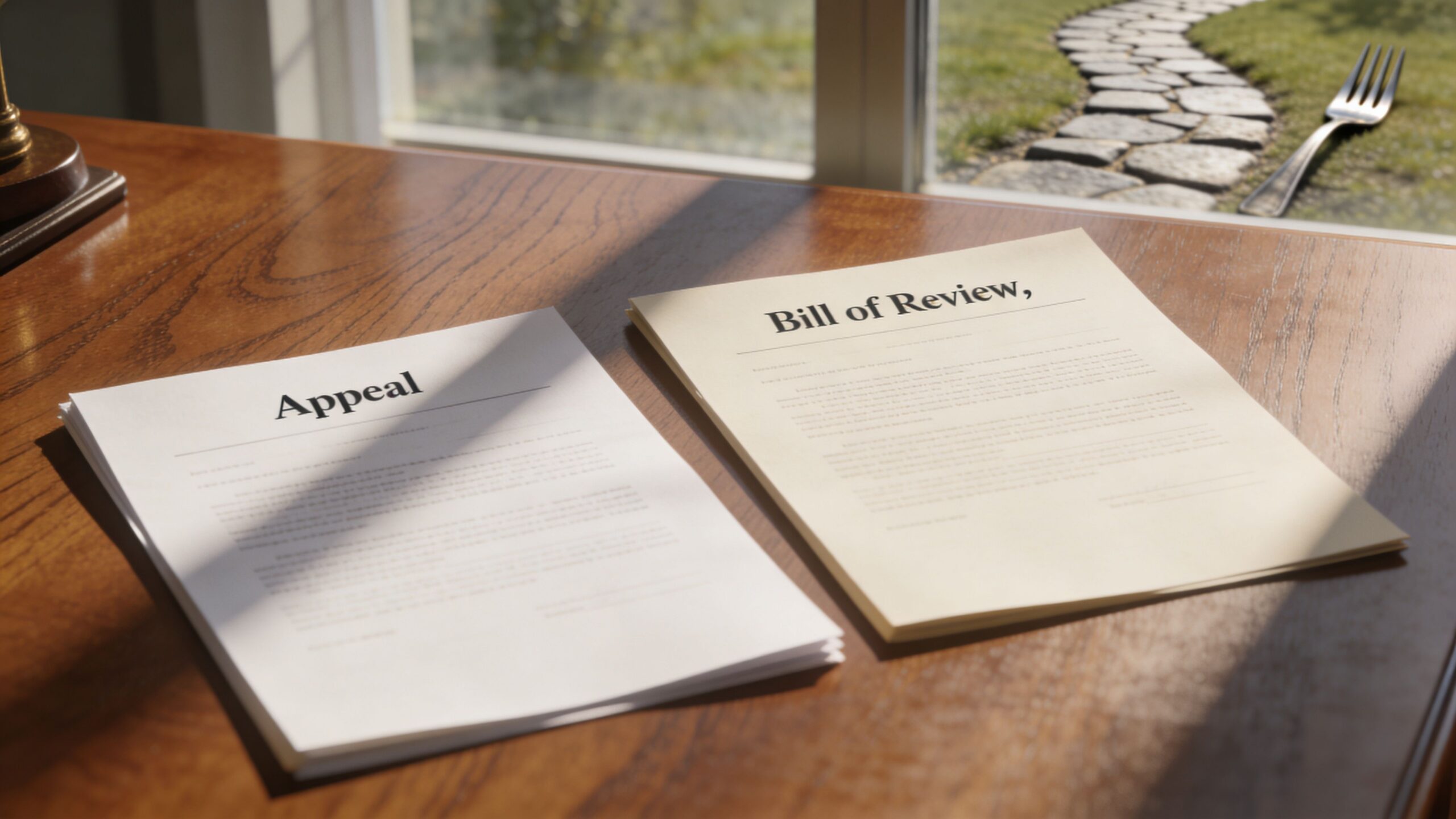 A wooden desk holding two legal documents labeled Appeal and Bill of Review near a window.