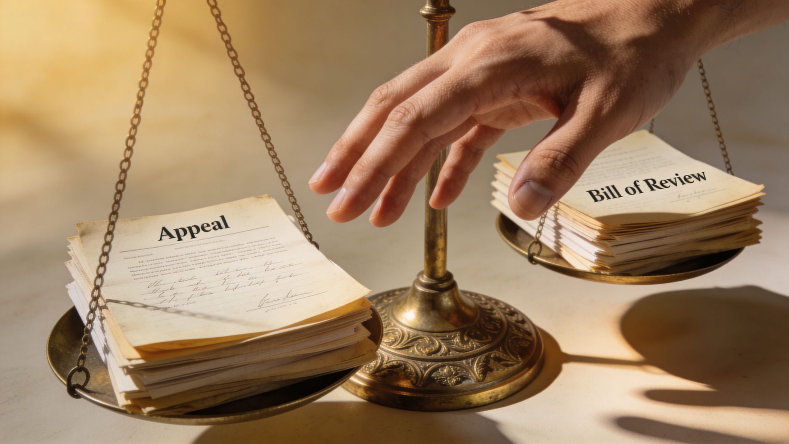 A hand balancing two stacks of legal documents labeled Appeal and Bill of Review on scales.