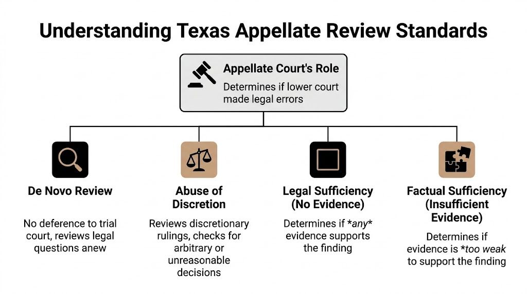 A flowchart explaining the four standards of appellate review used by Texas courts to evaluate legal errors.