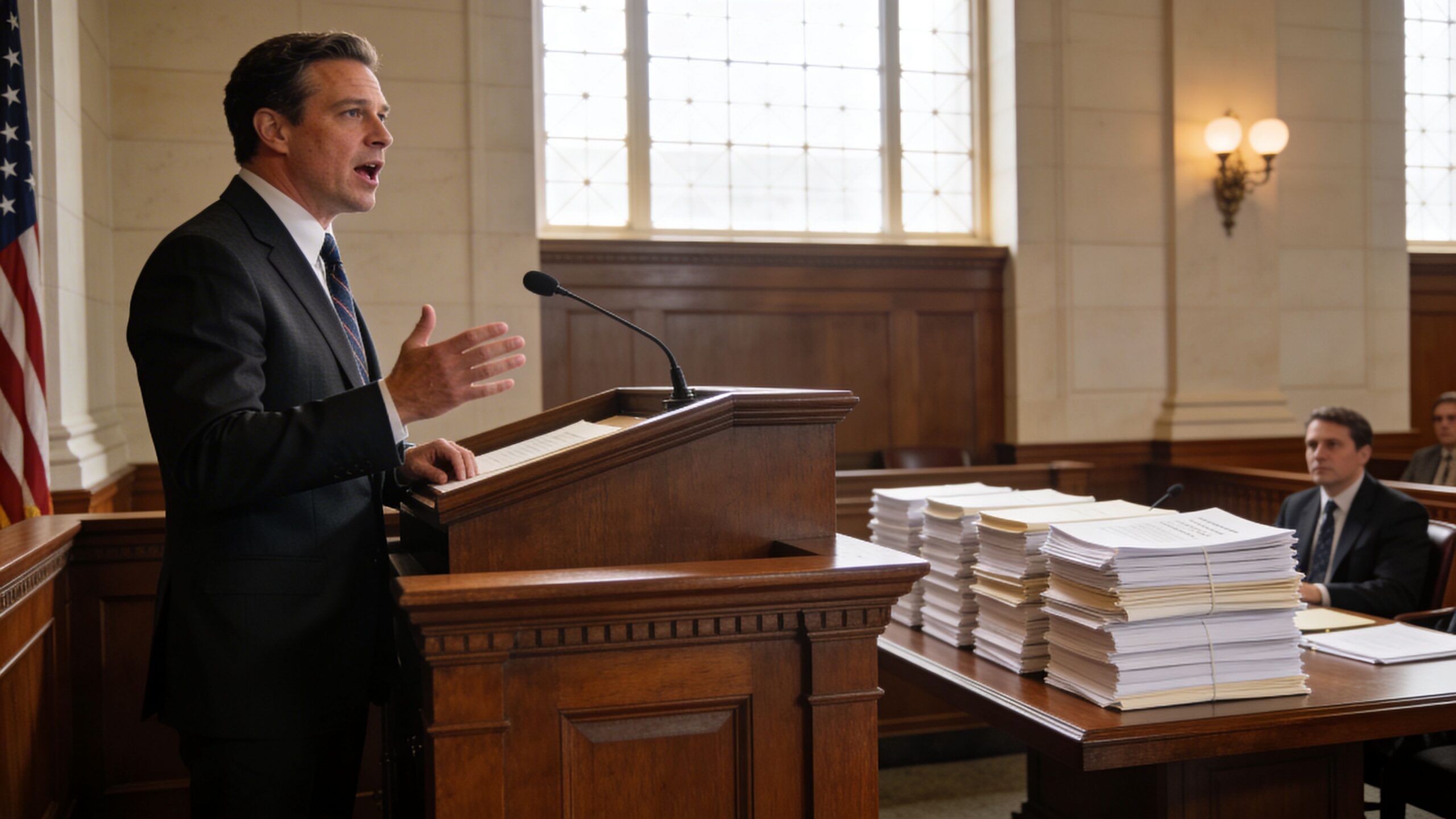 A lawyer stands at a podium in a courtroom, gesturing while presenting a case with stacks of documents.