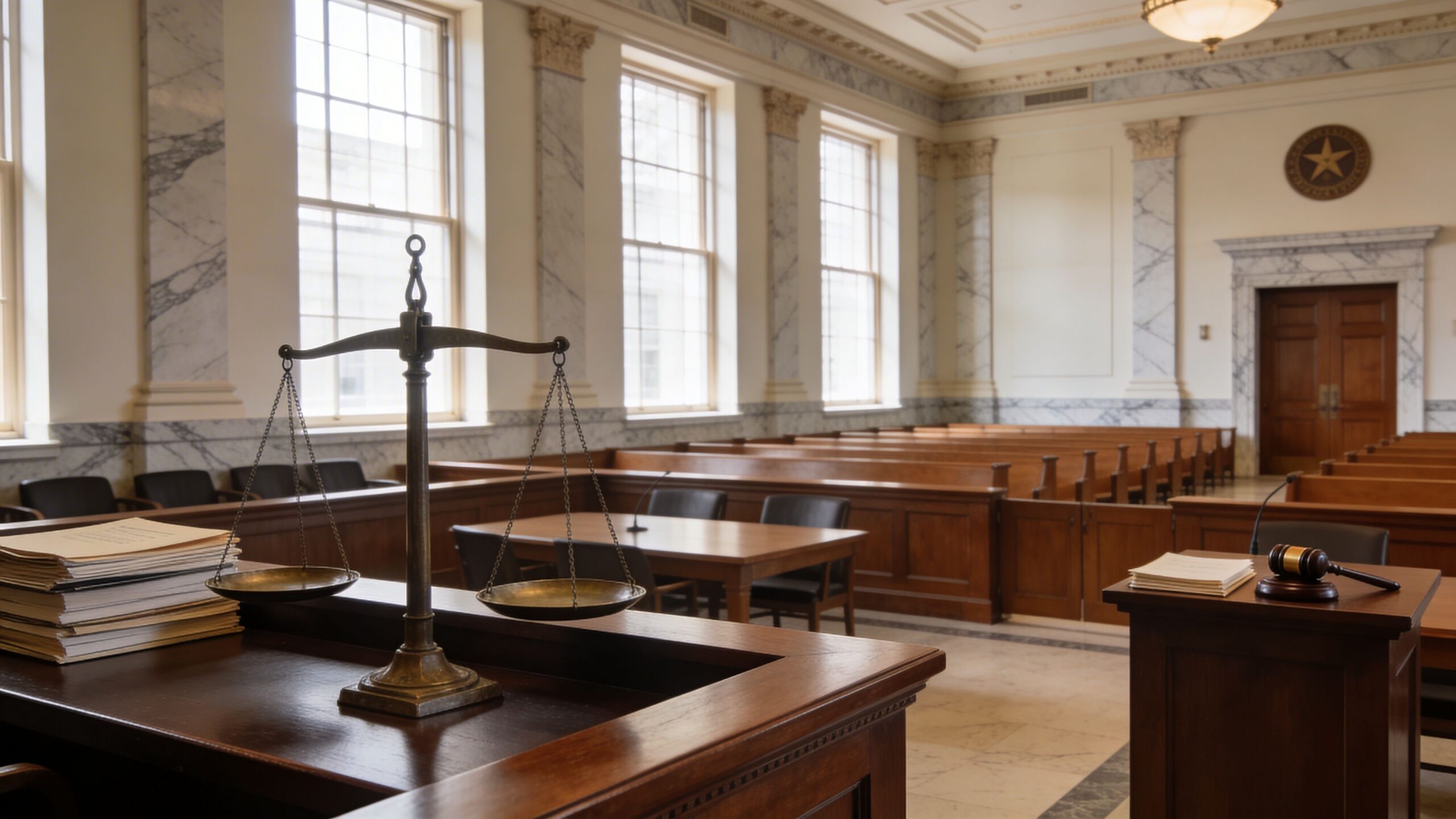 A courtroom interior featuring a set of scales of justice and a stack of legal documents.