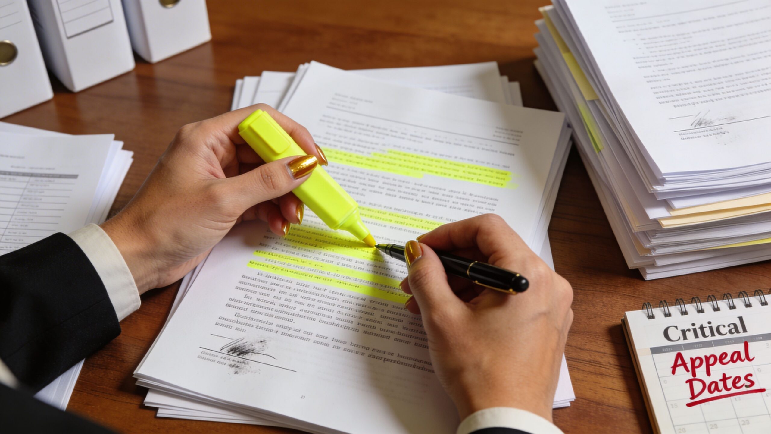 A professional analyzing and highlighting legal business documents with a highlighter and pen at a desk.