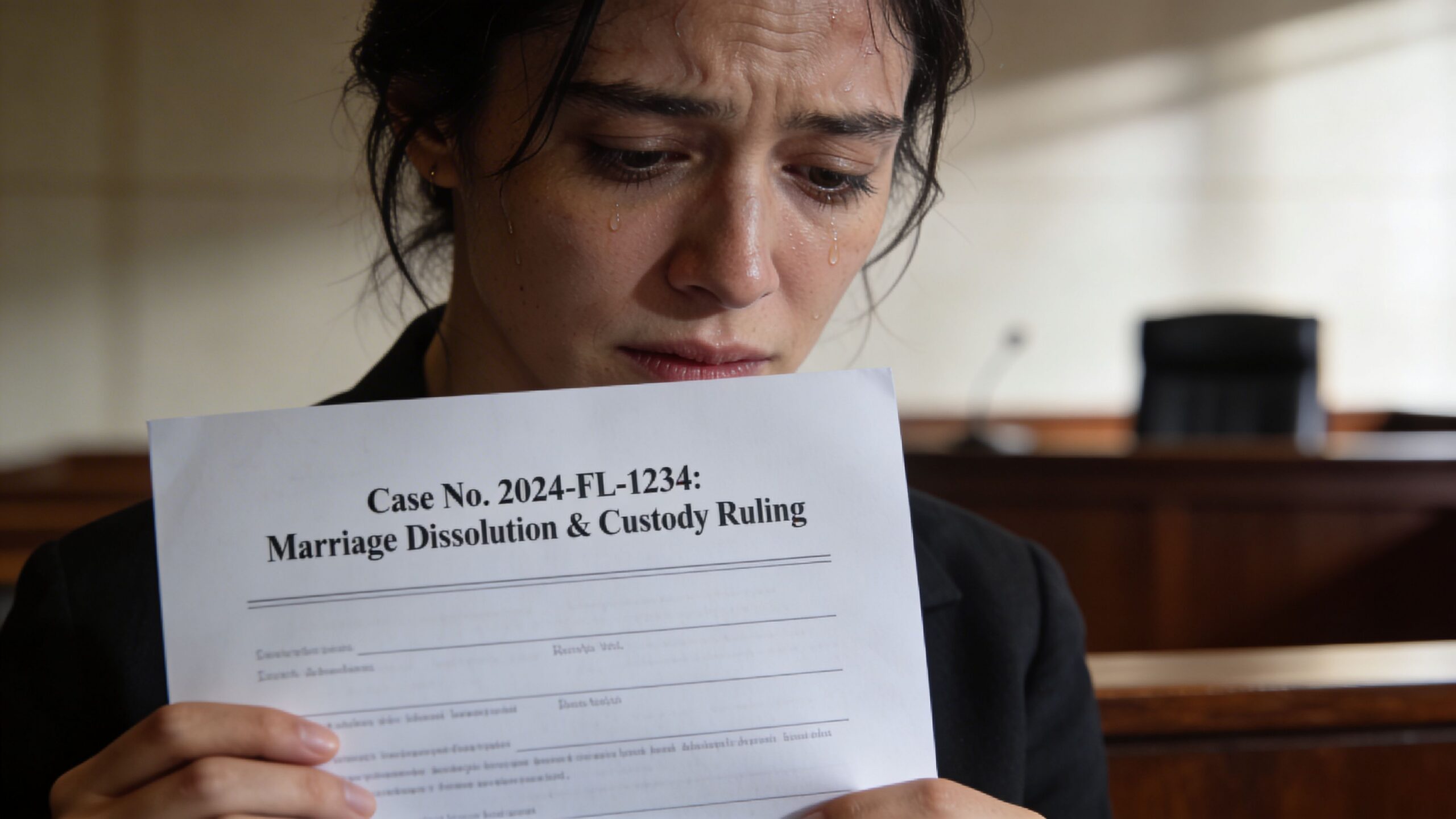 A visibly upset woman in a courtroom holding a legal document regarding marriage dissolution and custody.
