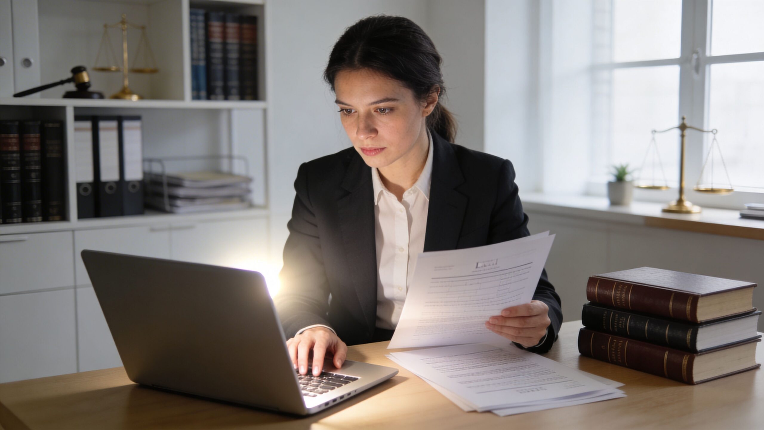 A female lawyer in a professional suit reviewing legal documents while working on her laptop in office