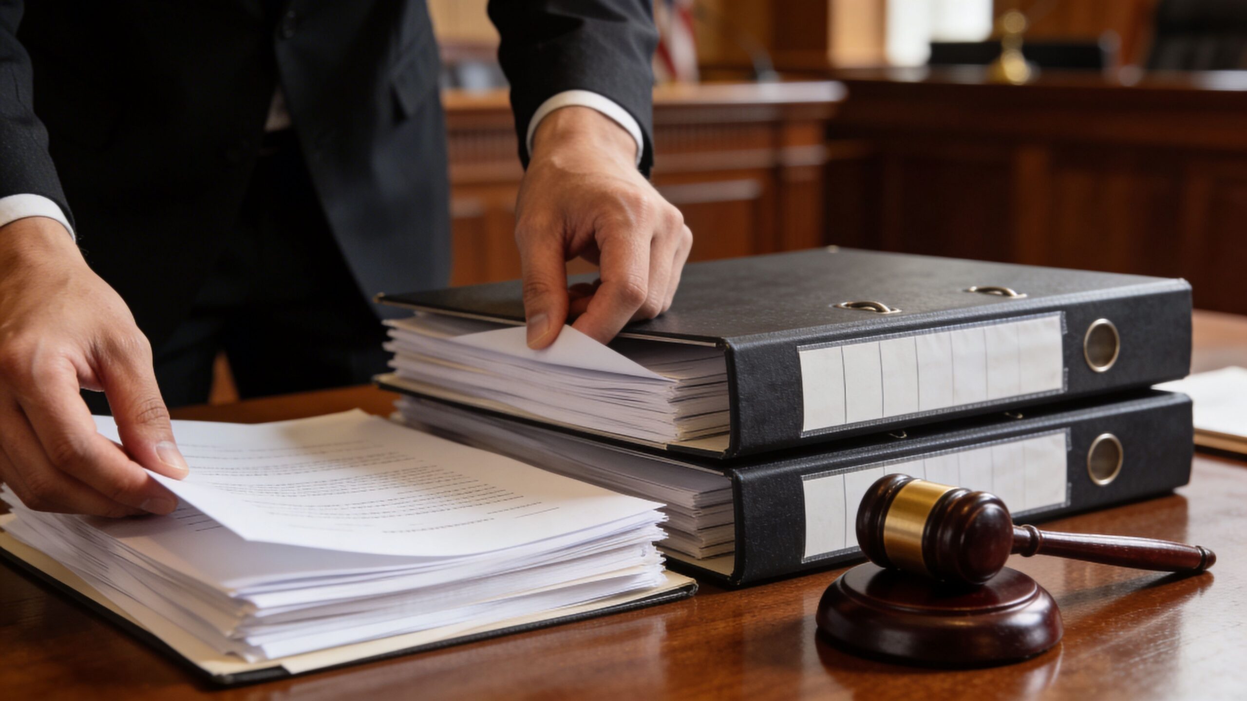 A lawyer in a suit organizing legal documents and binders on a courtroom desk with a gavel.