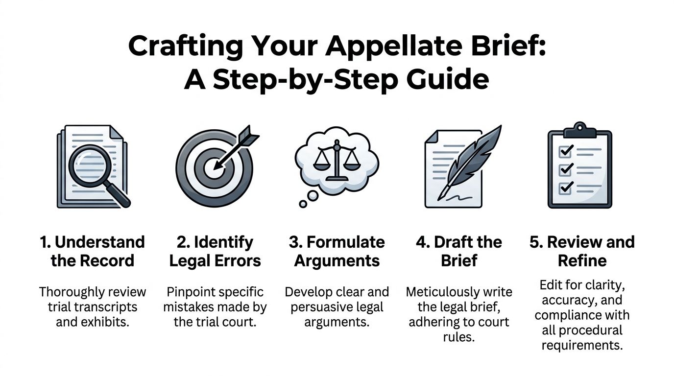 A five-step guide on how to craft an effective appellate brief for a legal case.