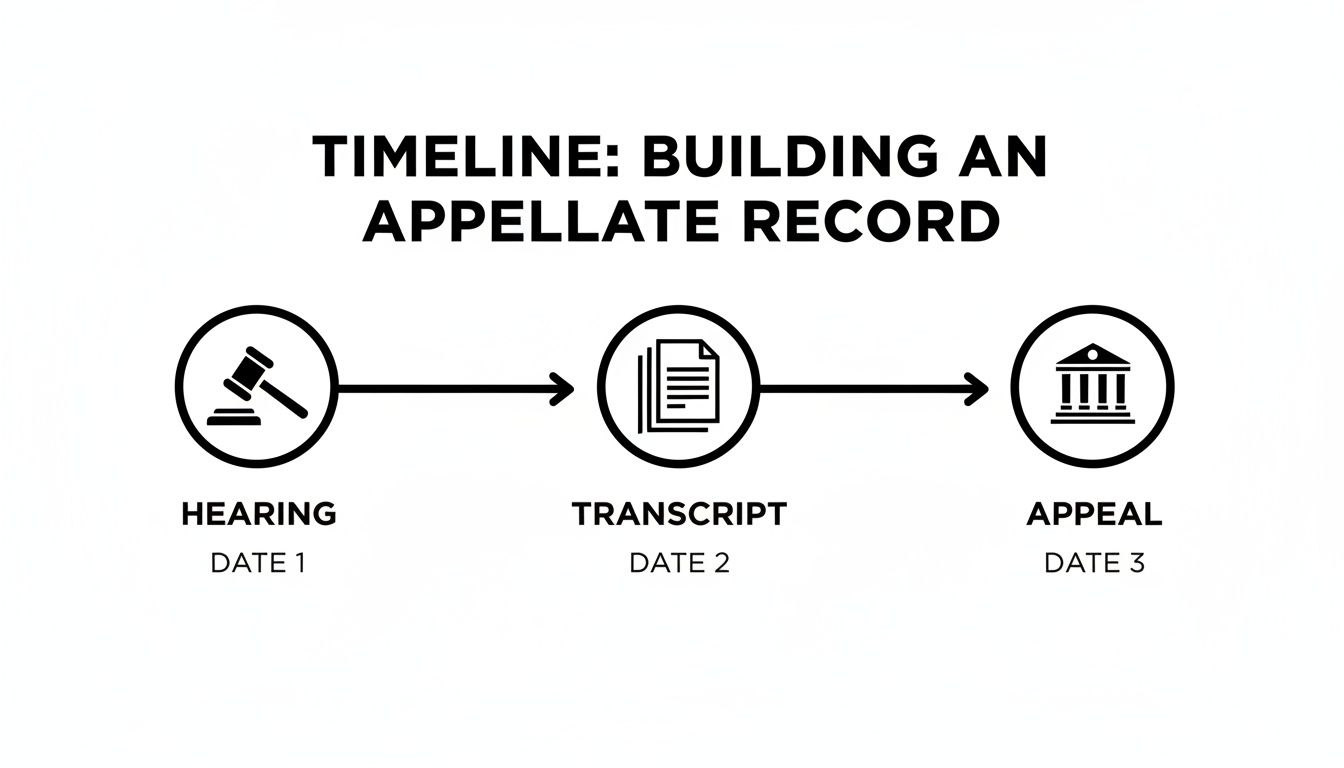 Timeline illustrating the steps to build an appellate record: hearing, transcript, and appeal with associated dates.