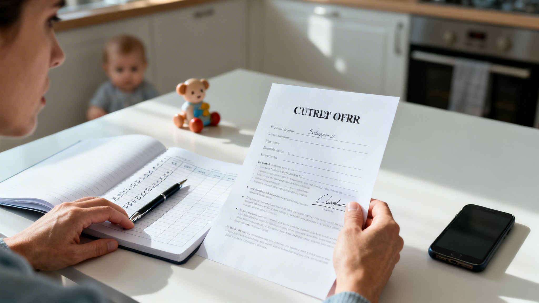 A woman reviews legal documents at a kitchen table while a baby plays in the background.