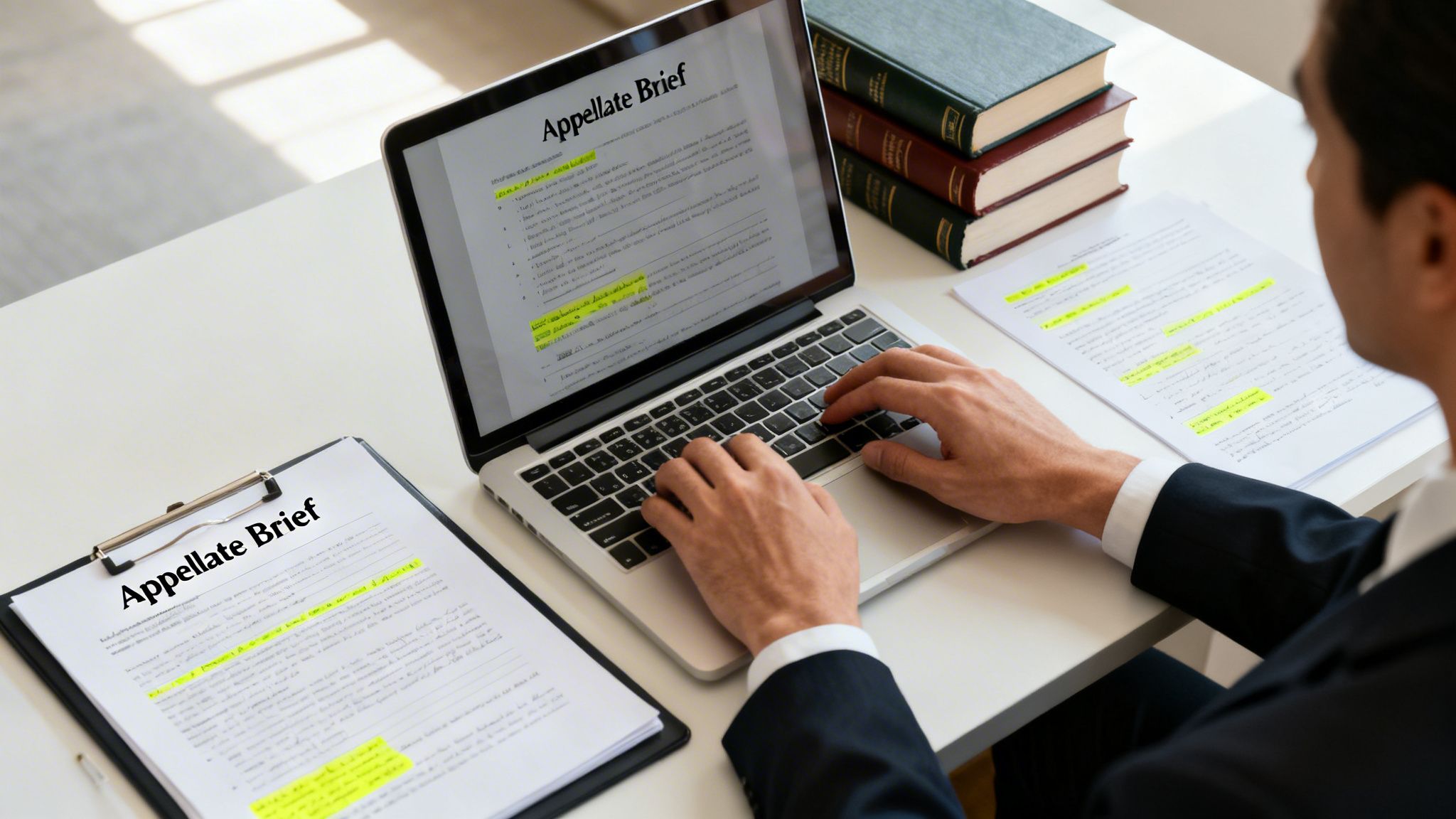 A legal professional works on an appellate brief on a laptop and reviews paper documents.