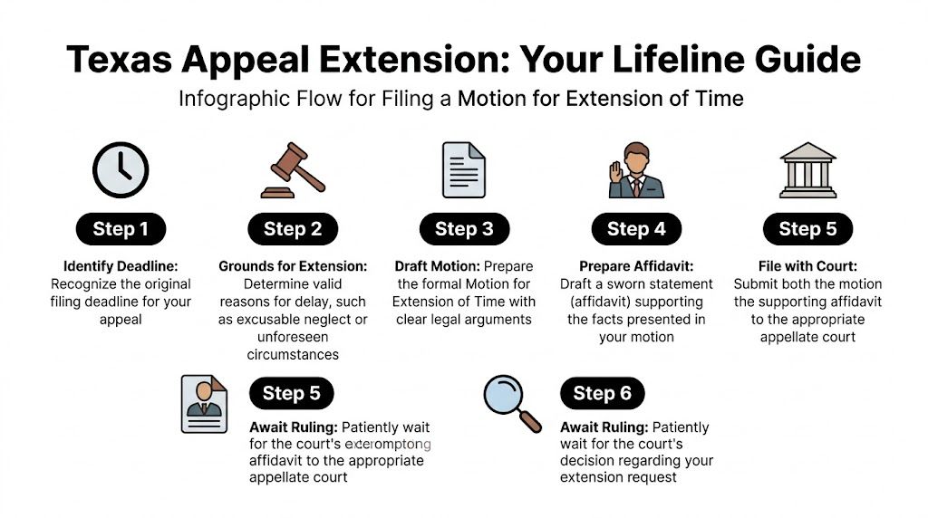 A step-by-step infographic titled Texas Appeal Extension guiding users through filing a motion for extension of time.