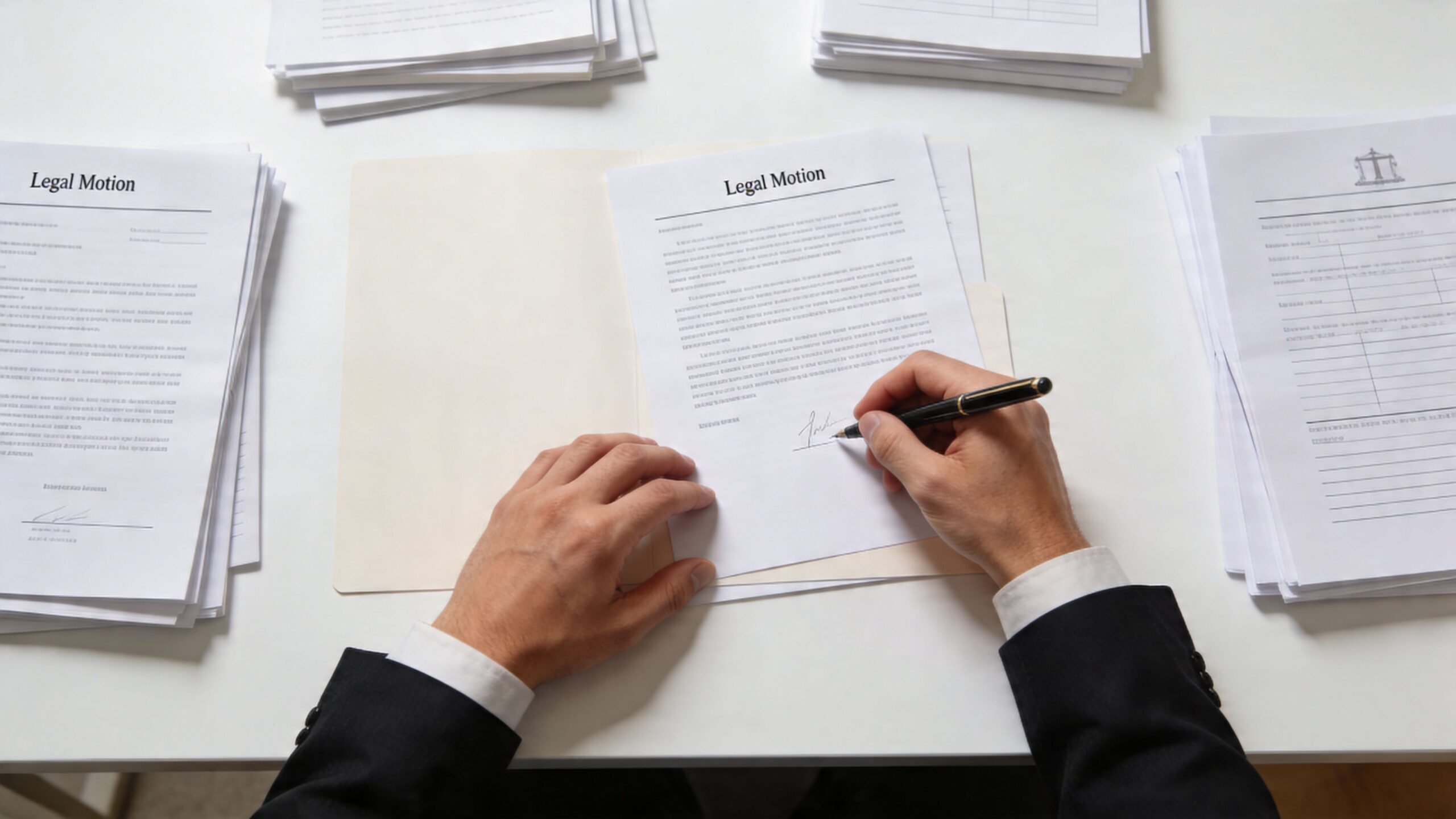 A professional attorney in a suit signing a legal motion document at a desk with paperwork.