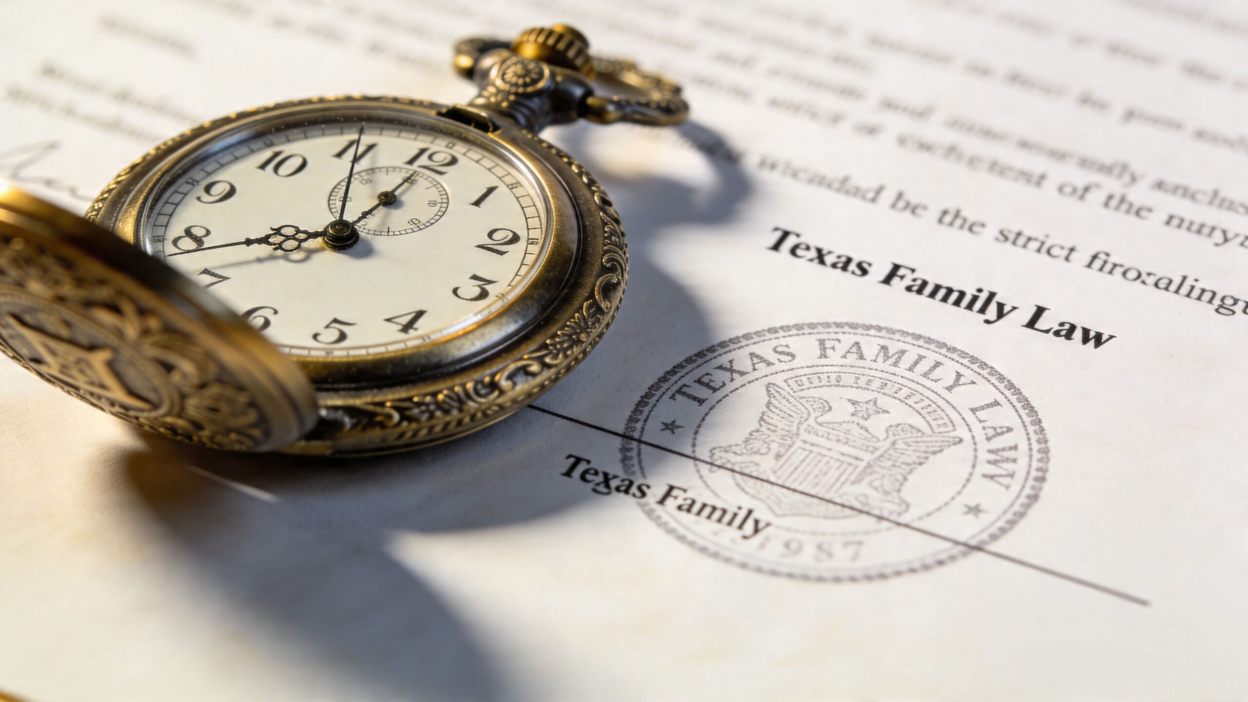 An antique pocket watch resting on a legal document about Texas family law with a seal.