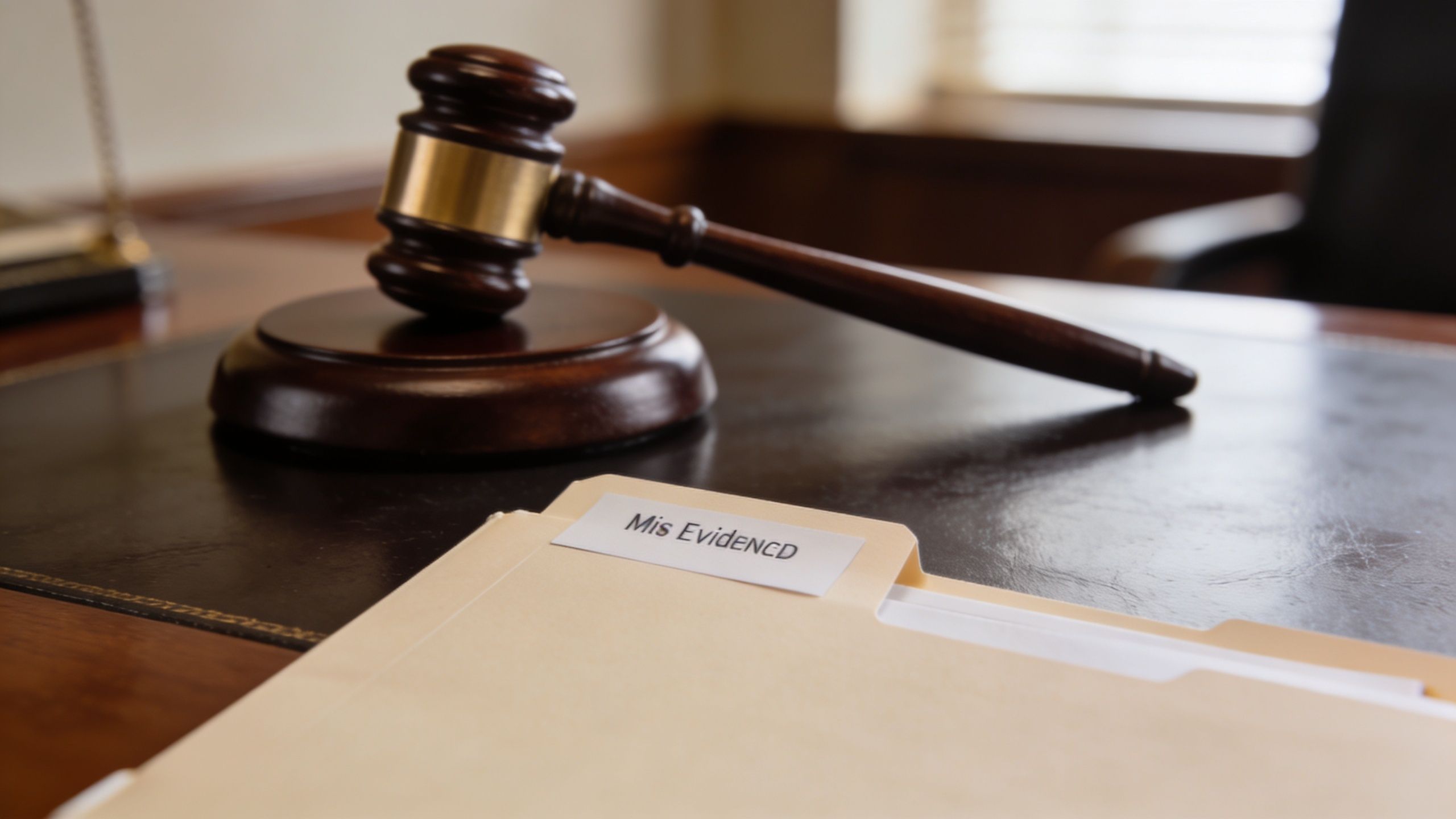 A wooden judge's gavel rests on a mahogany desk beside a manila folder labeled Mis Evidenced.