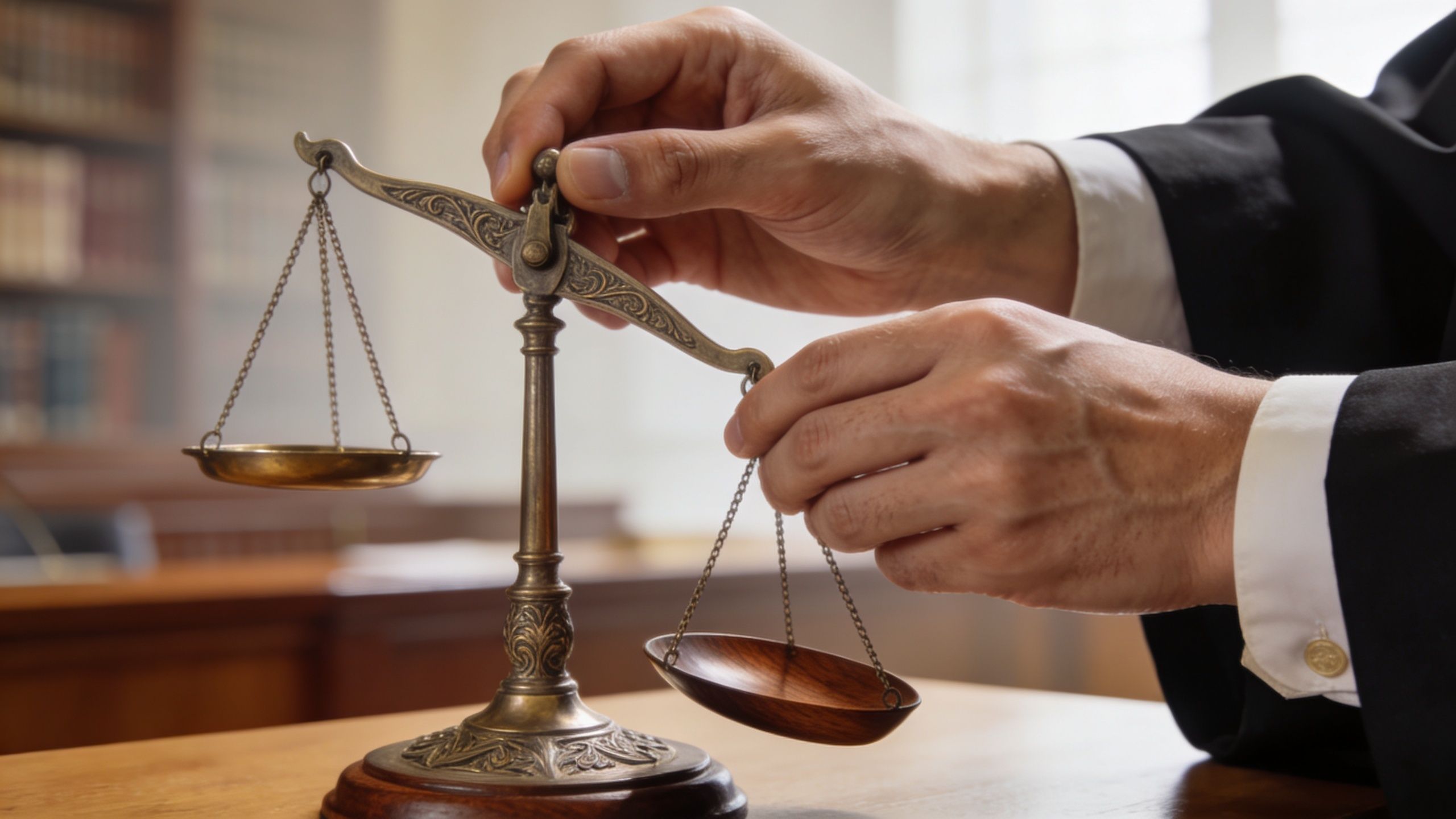 A judge in a black robe holding scales of justice on a wooden desk in a courtroom.