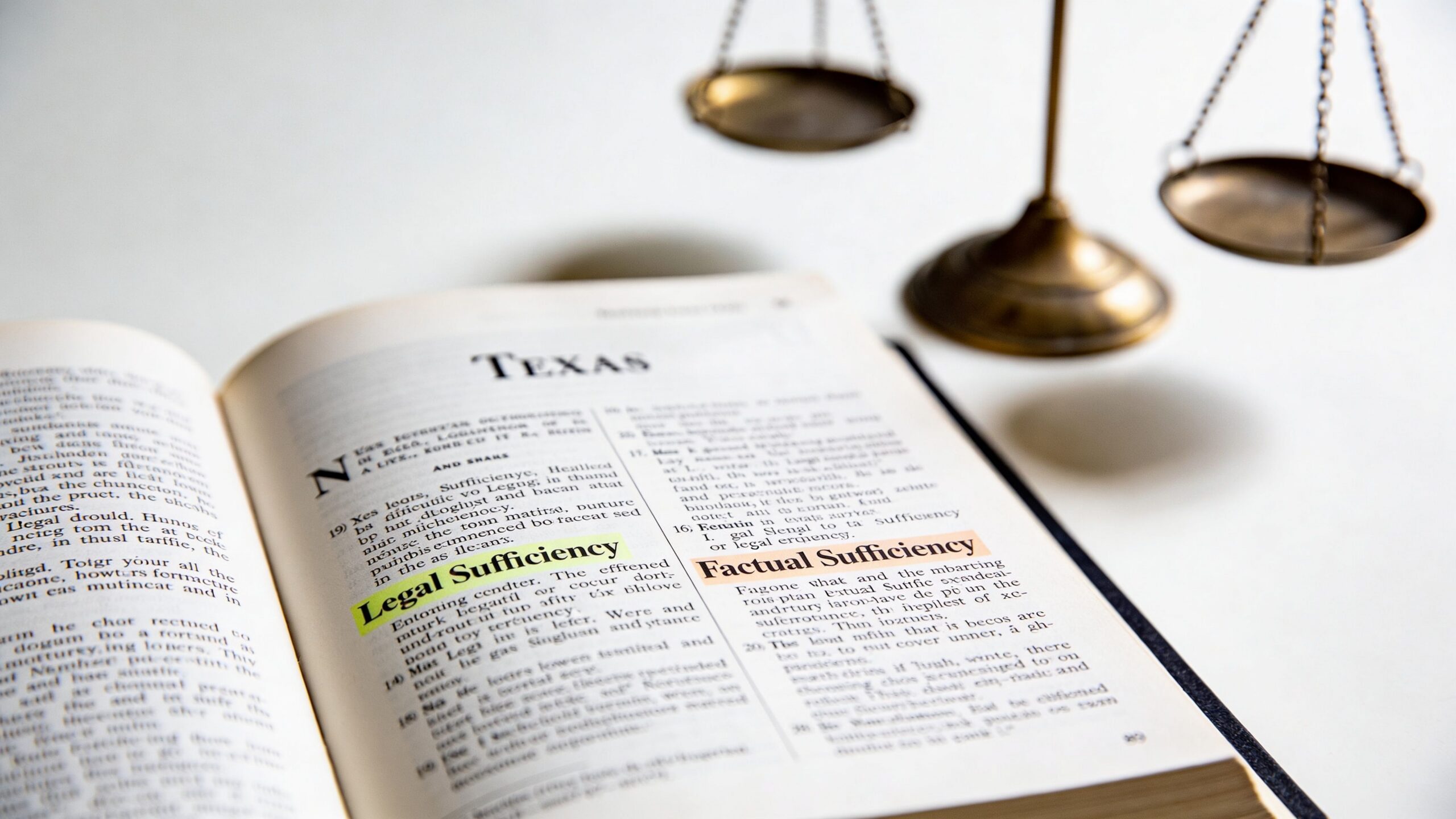An open law book showing the legal definitions of legal and factual sufficiency on a white surface.