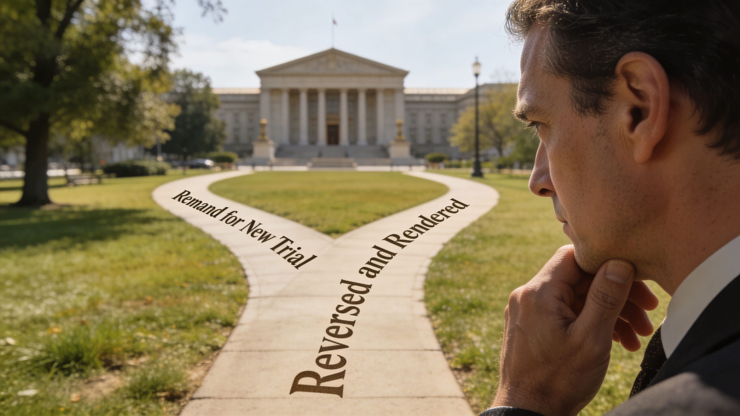 A thoughtful man looking at a path diverging toward choices of Remand for New Trial or Reversed and Rendered.