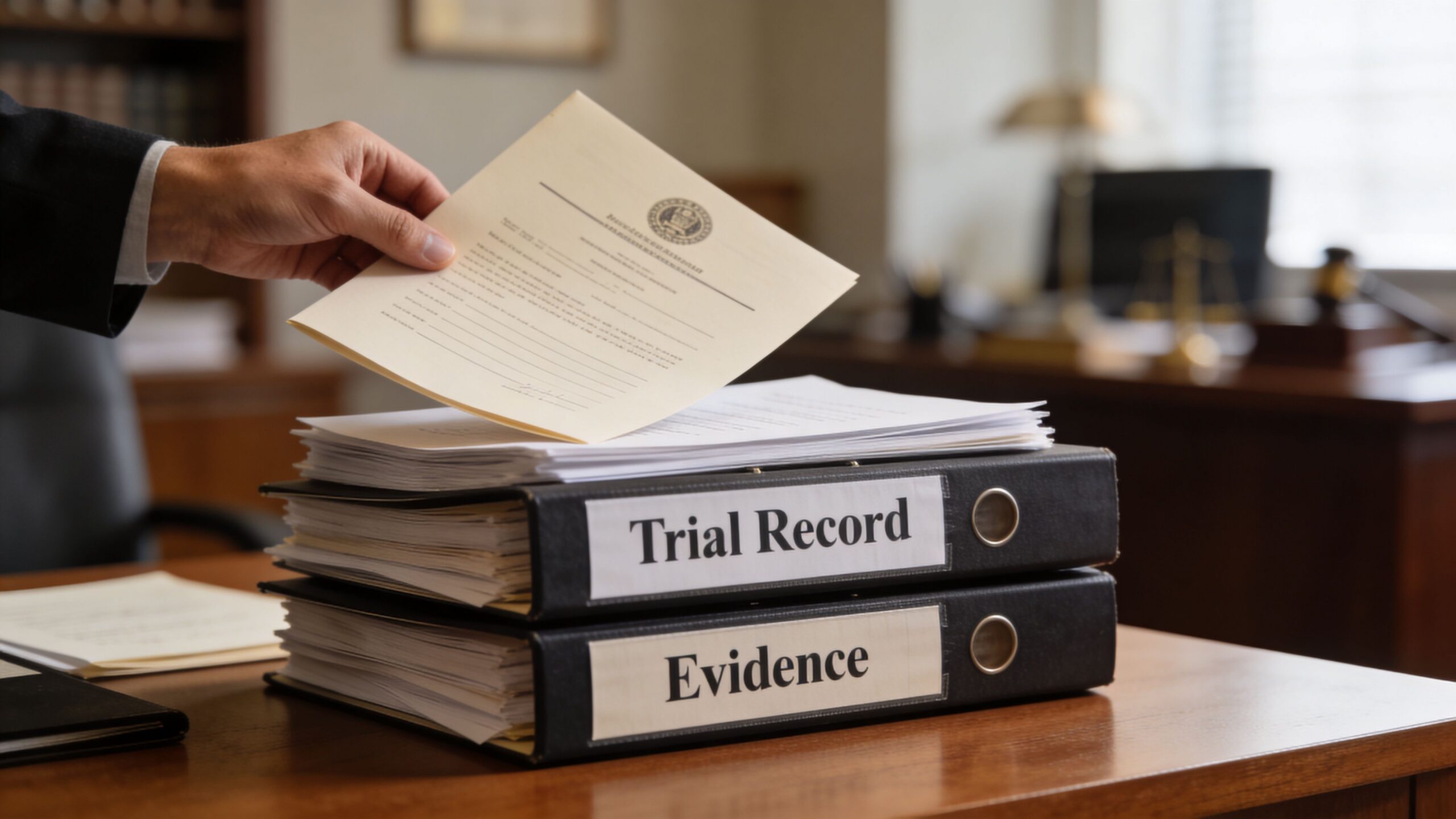 A hand holds a legal document over stacks of binders labeled Trial Record and Evidence in a courtroom.