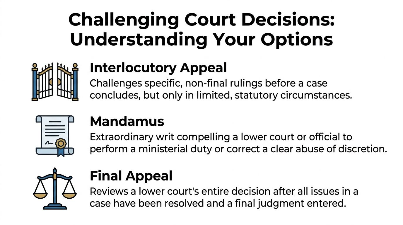 A visual guide outlining three methods for challenging court decisions: interlocutory appeal, mandamus, and final appeal.