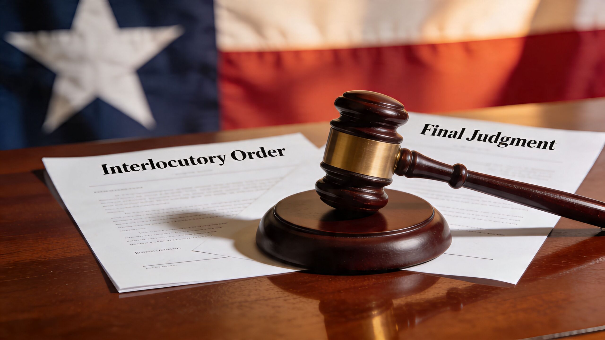 A wooden gavel resting on documents labeled Interlocutory Order and Final Judgment with a Texas flag background.
