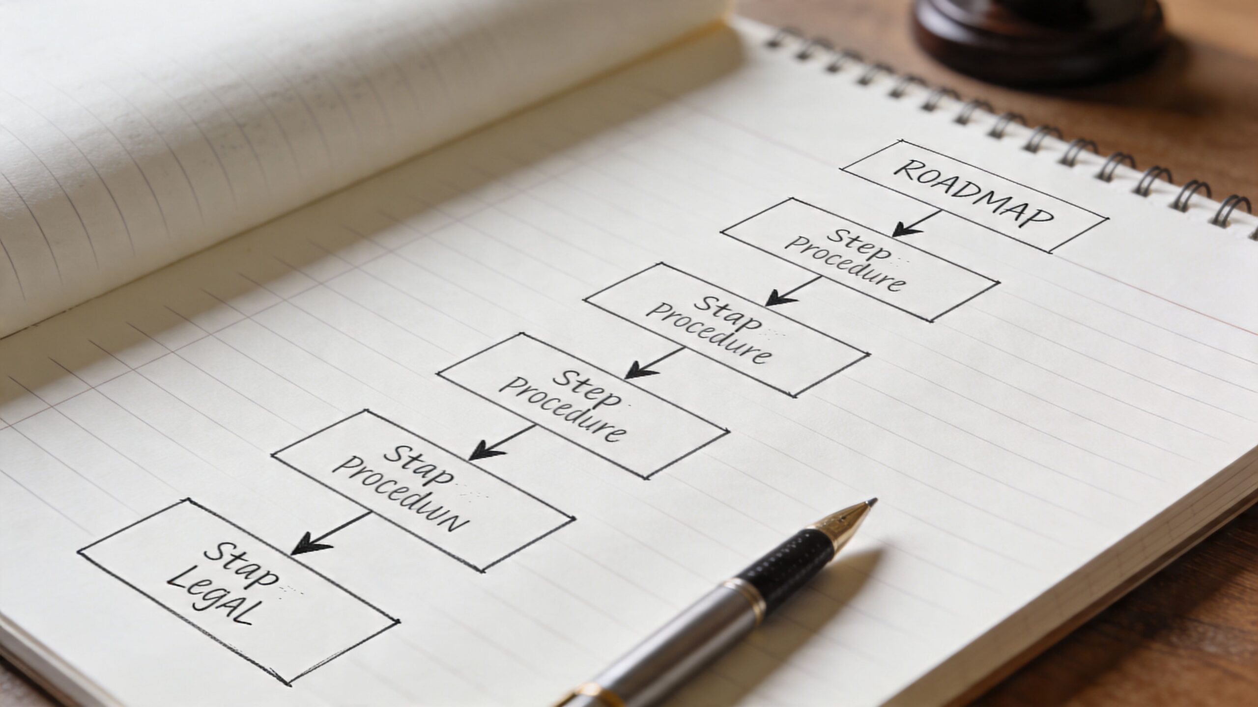 A hand-drawn roadmap flow chart on a notebook page outlining legal procedure steps.