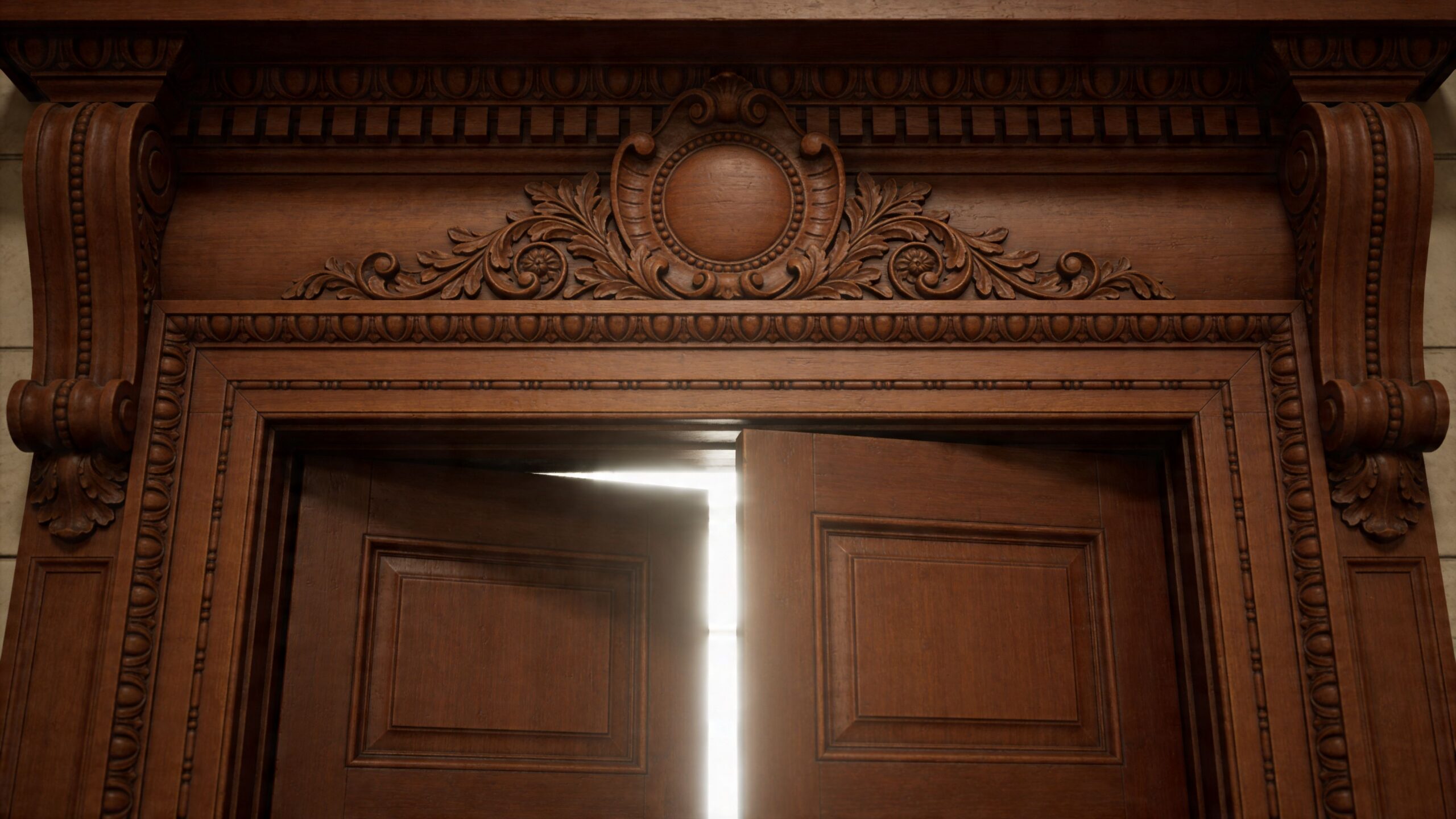 A close-up view of an ornate, traditional wooden doorway with a decorative carved lintel and partially open doors.