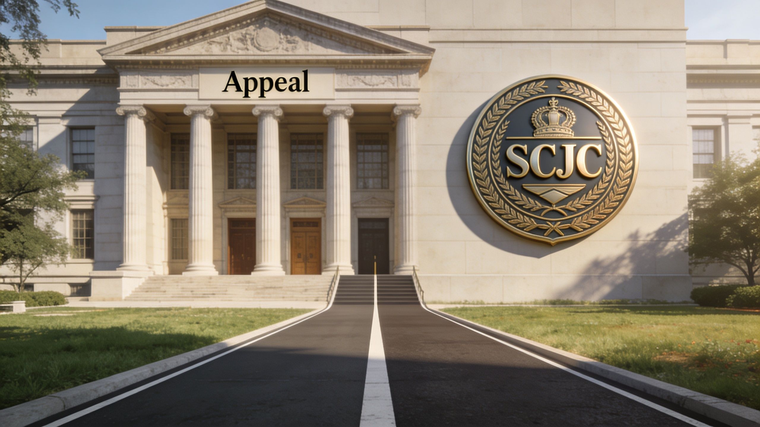 A majestic stone courthouse building featuring a large gold emblem with SCJC letters above a road.
