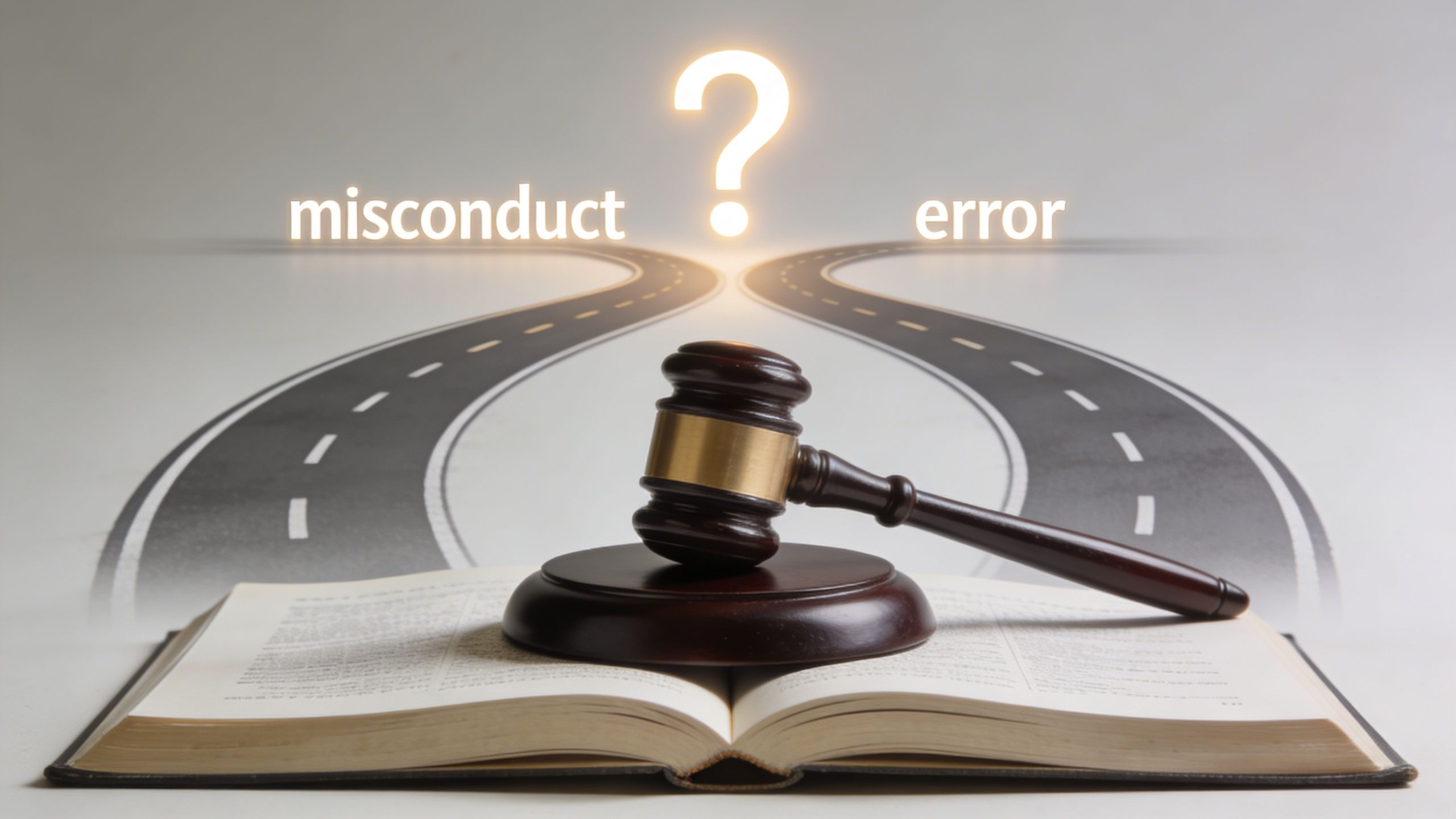 A wooden judge's gavel rests on an open law book before a path with misconduct and error labels.
