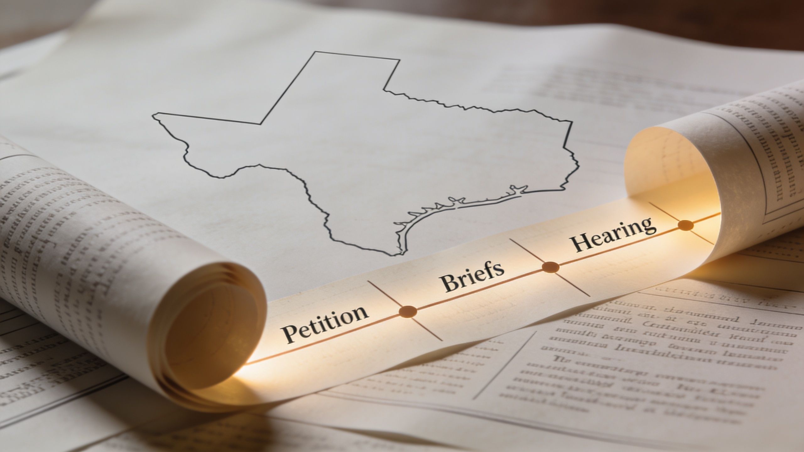 A legal document featuring a Texas state outline and a timeline showing the petition, briefs, and hearing stages.